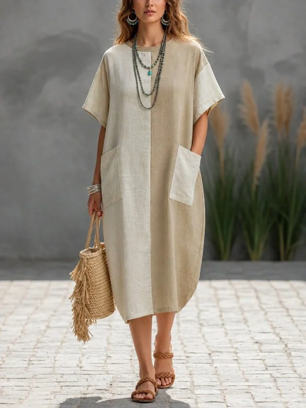 Women's Short Sleeve Round Neck Two-Tone Pocket Midi Pera Dress - Janes - by Peralane - photo 2