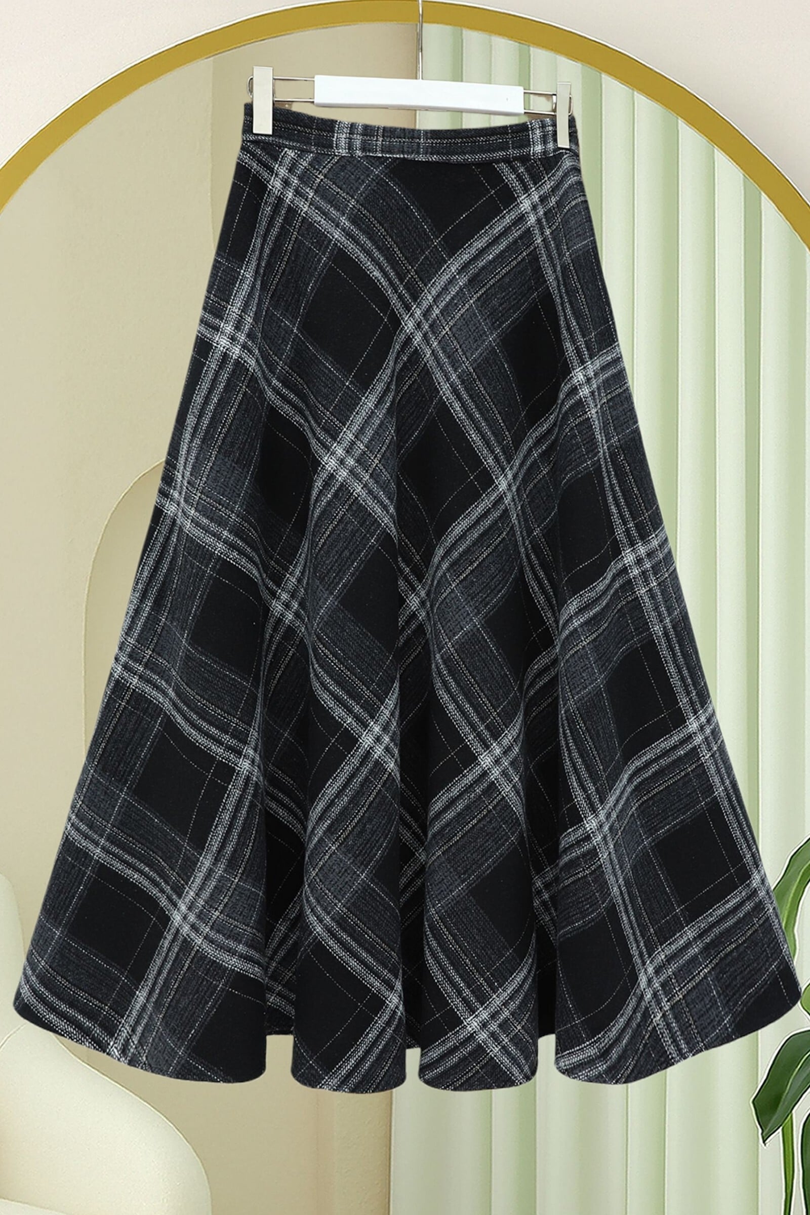 Black and White Plaid A-Line Midi Skirt with Side Zipper - Podyumplus - by Peralane - photo 5