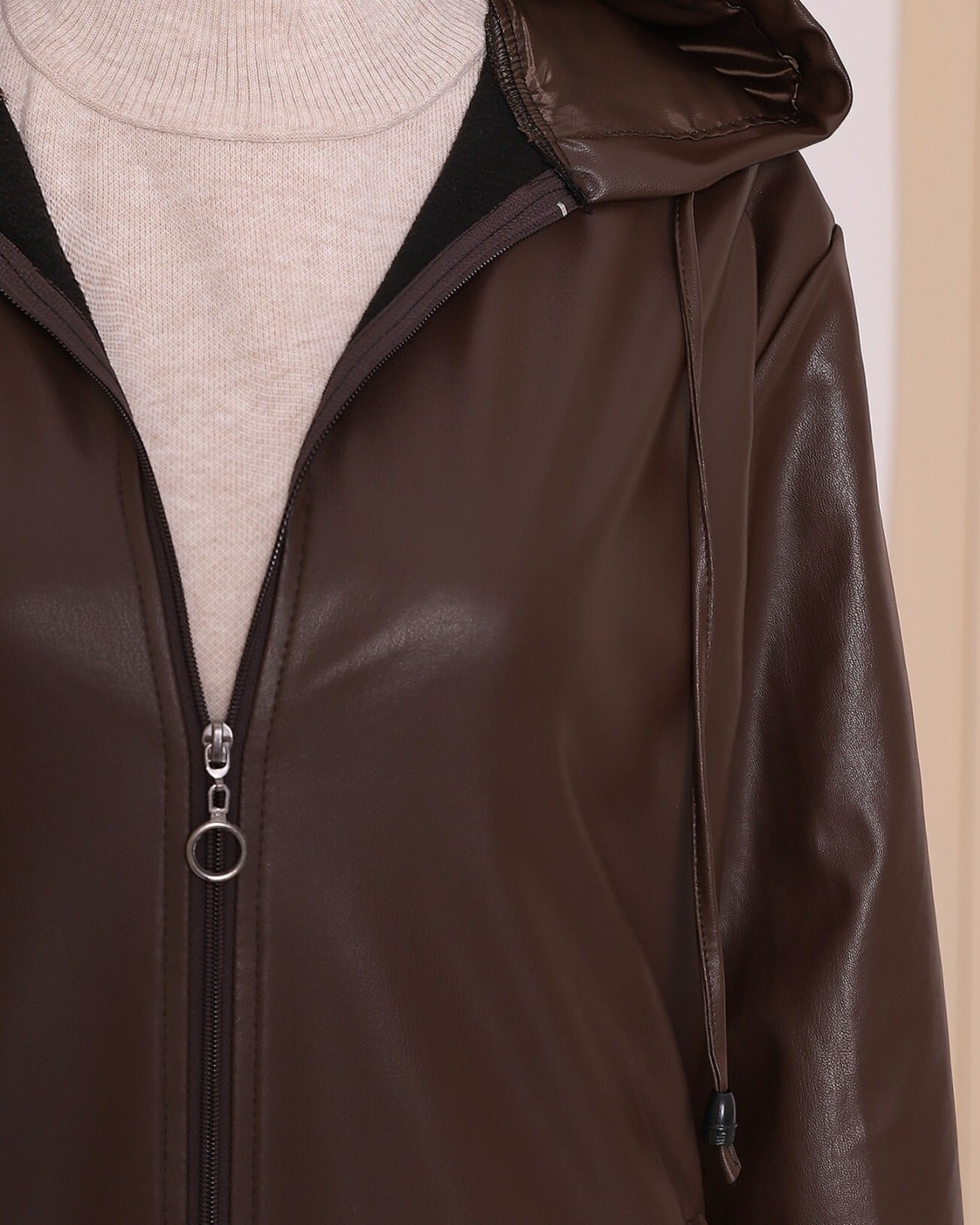 Hooded Zip-Up Faux Leather Coat in Brown - Podyumplus - by Peralane - photo 6