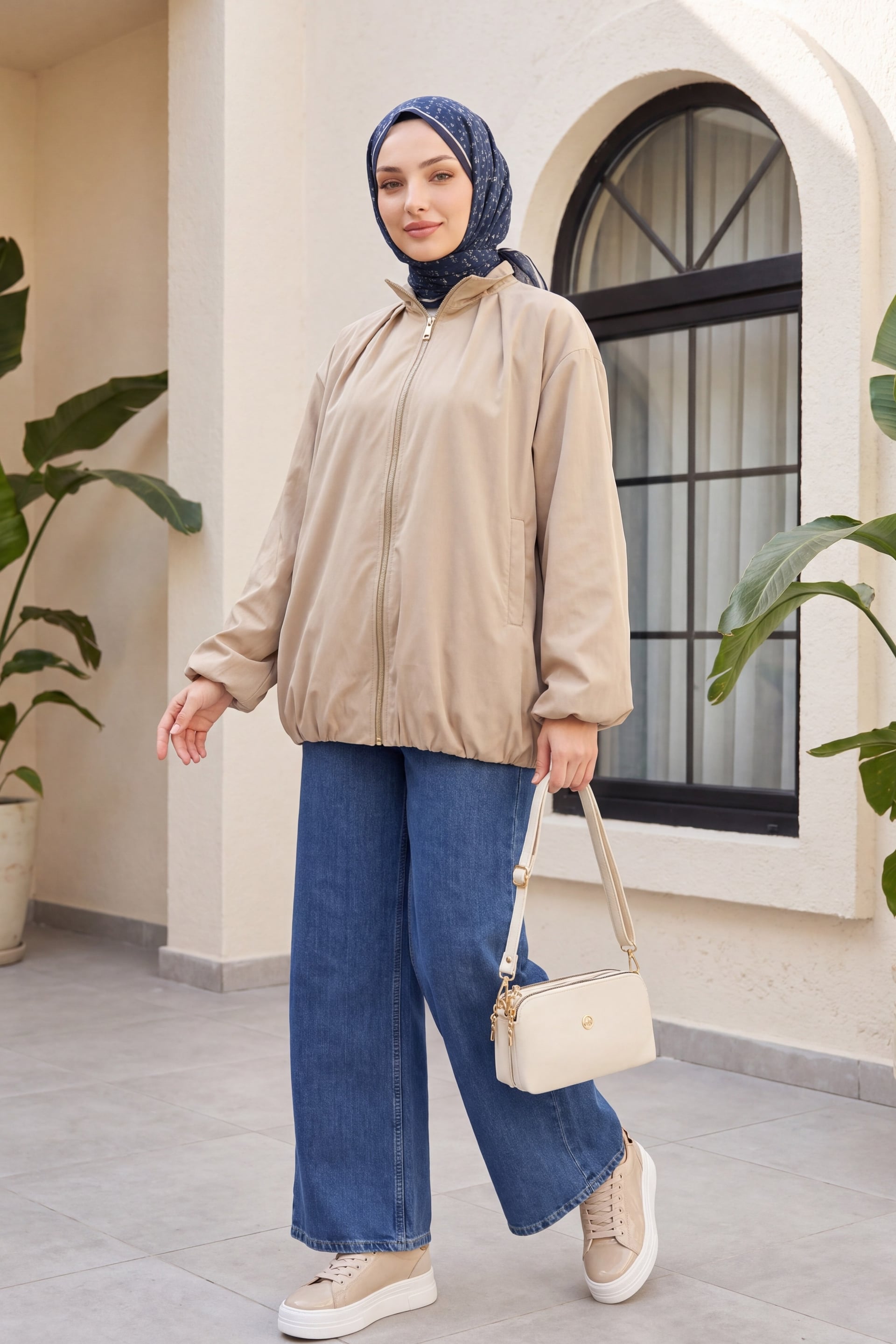 Beige Zip-Up Stand Collar Lined Parachute Jacket with Elasticated Cuffs and Hem - Podyumplus - by Peralane - photo 3
