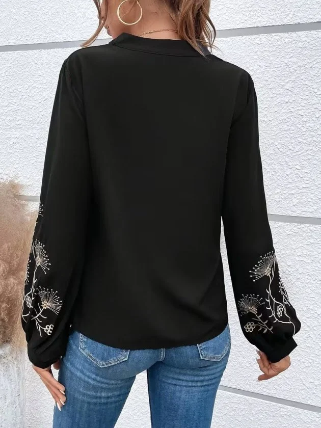 Women's Long Sleeve V-Neck Blouse with Floral Embroidered Sleeves - Janes - by Peralane - photo 3