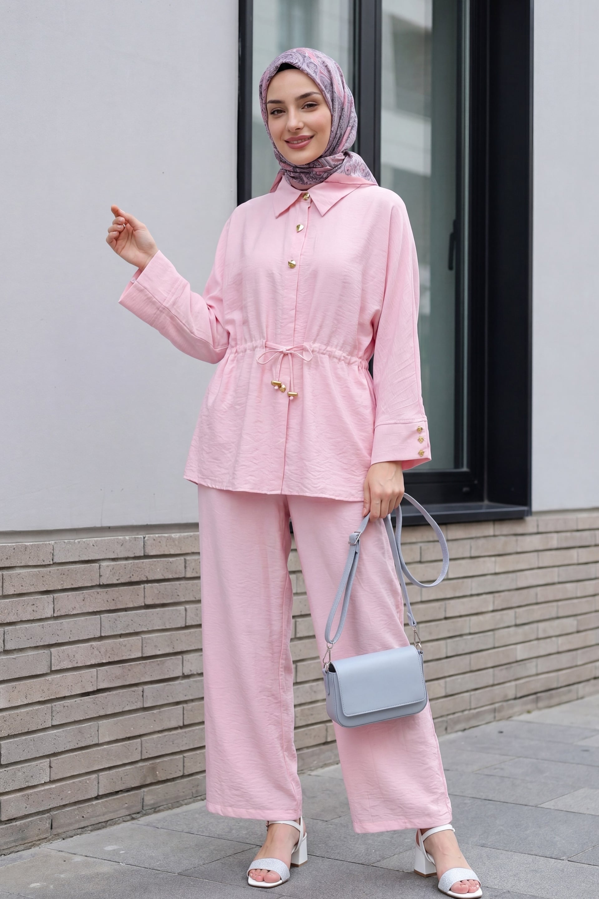 Cotton Crinkle Two-Piece Set with Drawstring Waist and Elasticated Legs - Pink - Podyumplus - by Peralane