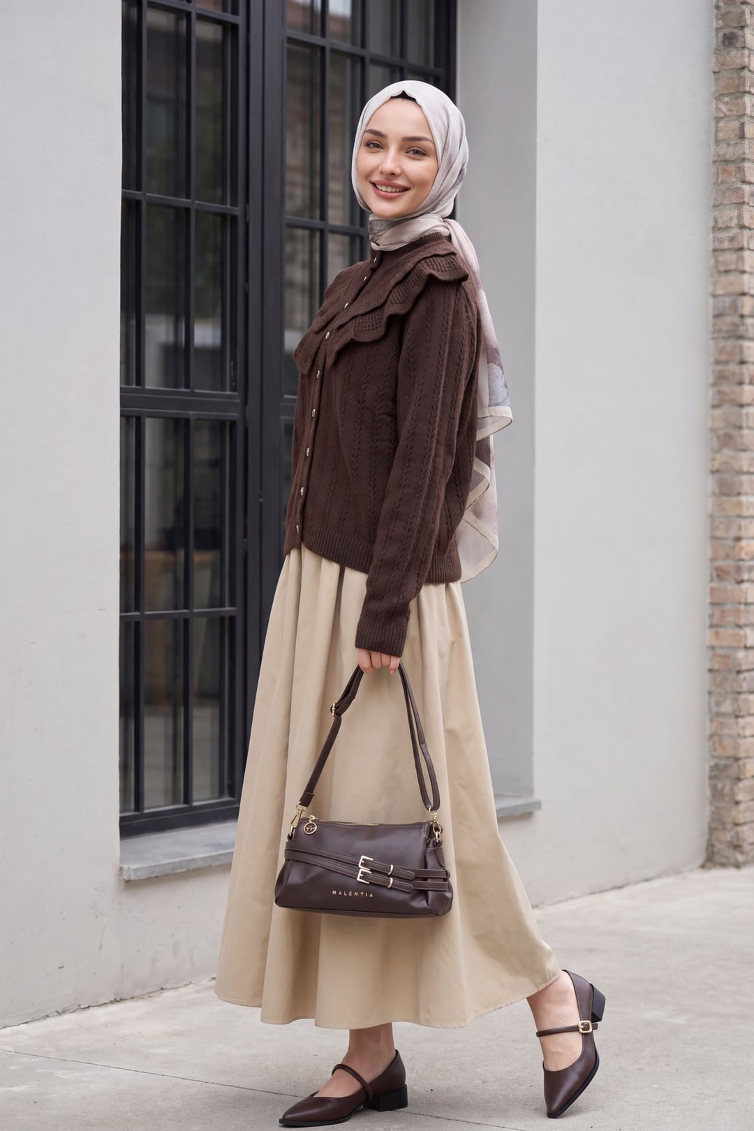 High Neck Ruffle Detail Openwork Buttoned Knit Cardigan - Dark Brown - Podyumplus - by Peralane - photo 2