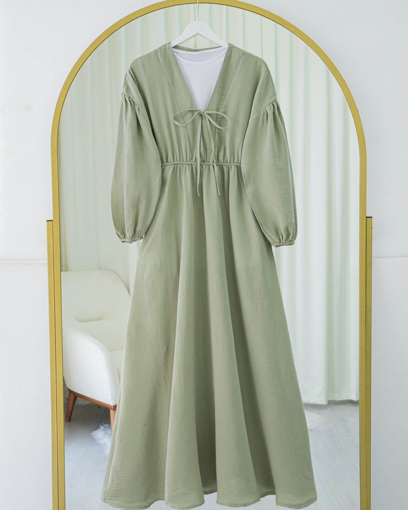 Tie Neck Long Muslin Dress with Elastic Cuffs and Waist - Sage Green - Podyumplus - by Peralane - photo 2