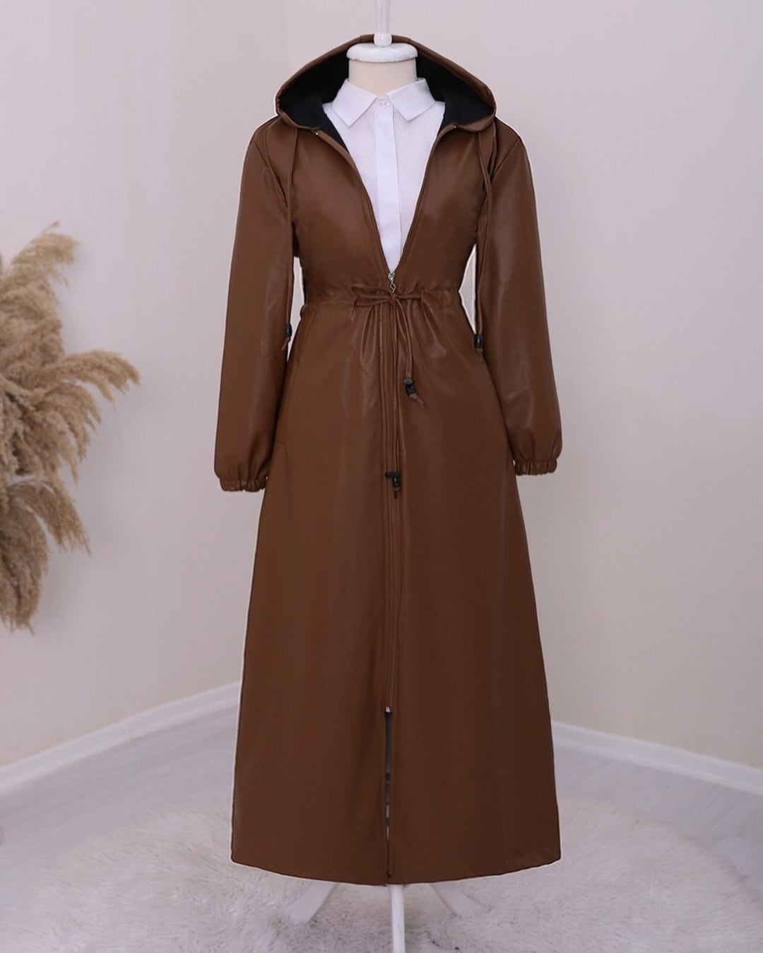 Tunnel Lace-Up Hooded Long Faux Leather Coat - Tan - Podyumplus - by Peralane