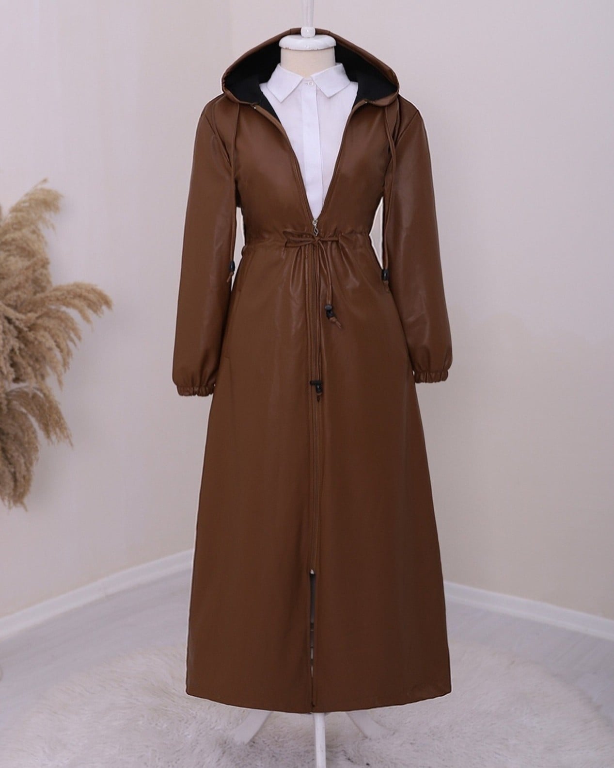 Tunnel Lace-Up Hooded Long Faux Leather Coat - Tan - Podyumplus - by Peralane
