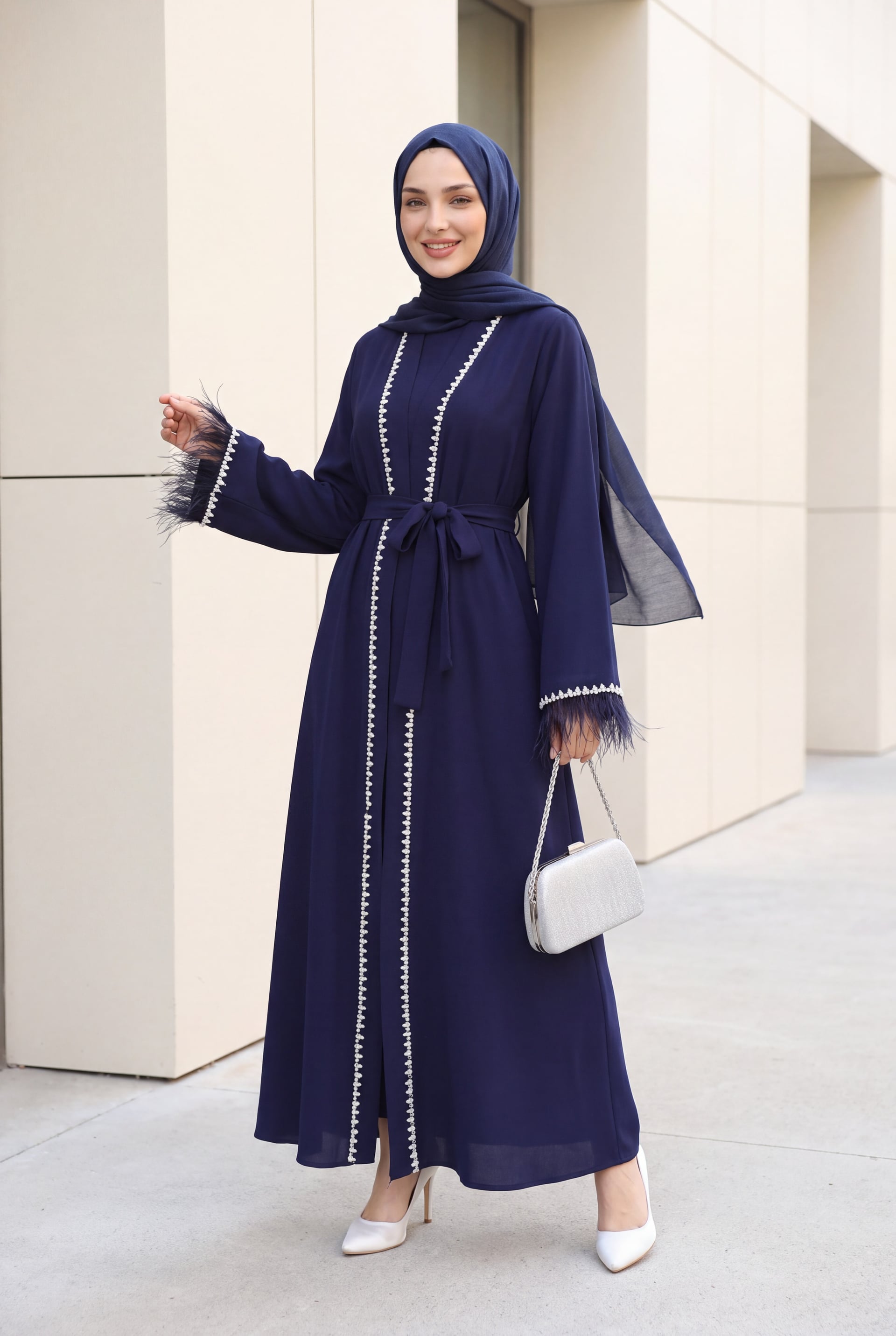 Navy Blue Beaded Trim Belted Abaya with Feathered Cuffs - Podyumplus - by Peralane