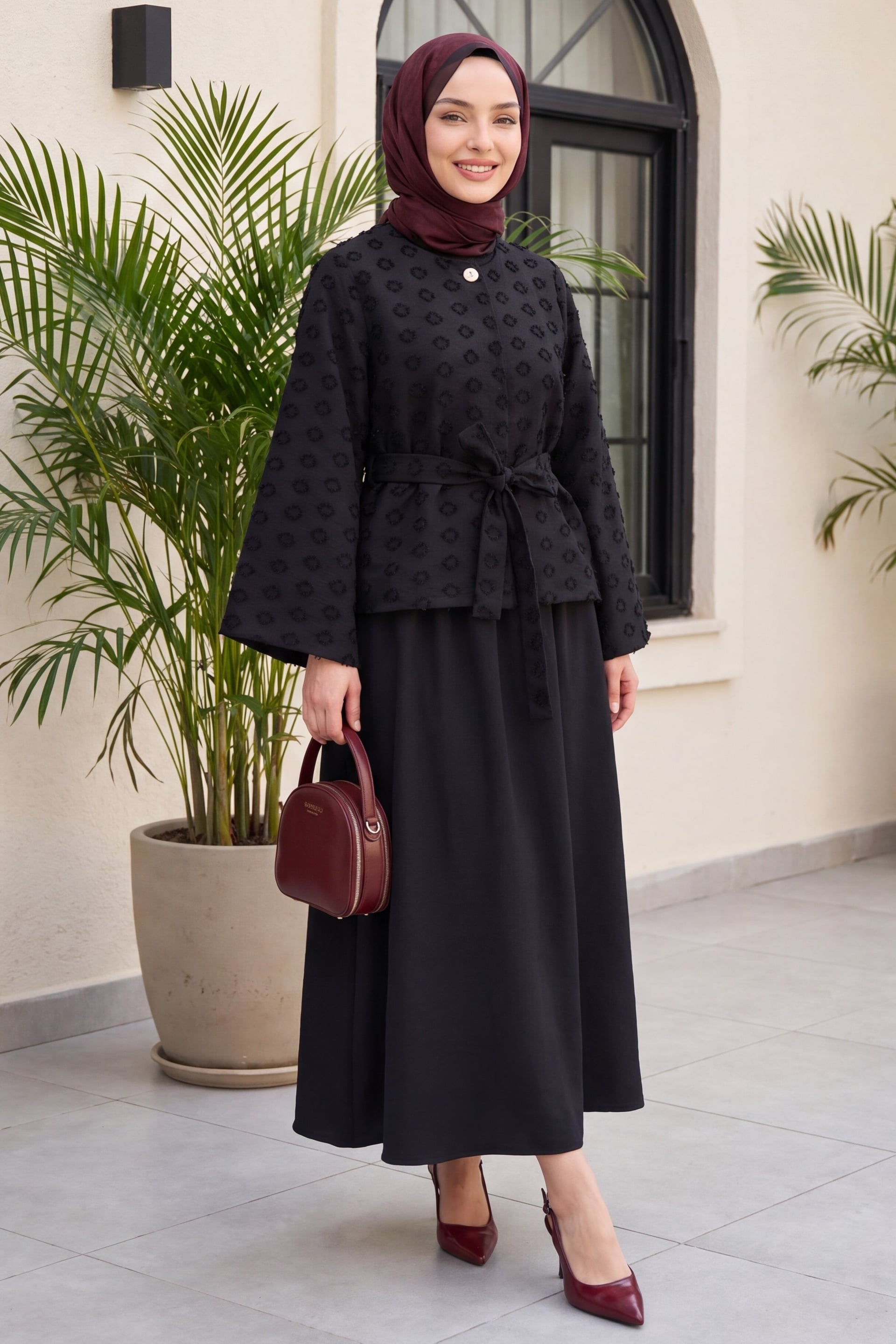 Single Button Belted Skirt Set with Raised Jacquard Pattern - Black - Podyumplus - by Peralane - photo 2