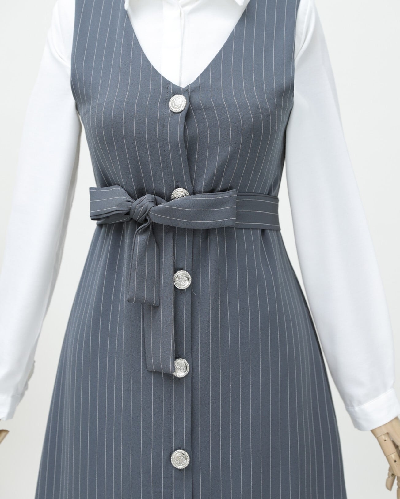 Grey Pinstripe V-Neck Belted Jile Dress - Podyumplus - by Peralane - photo 3