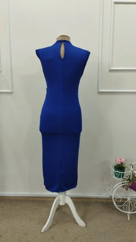 Women's Royal Blue Sleeveless Mock Neck Midi Dress with Floral Embellishment - Janes - by Peralane - photo 6