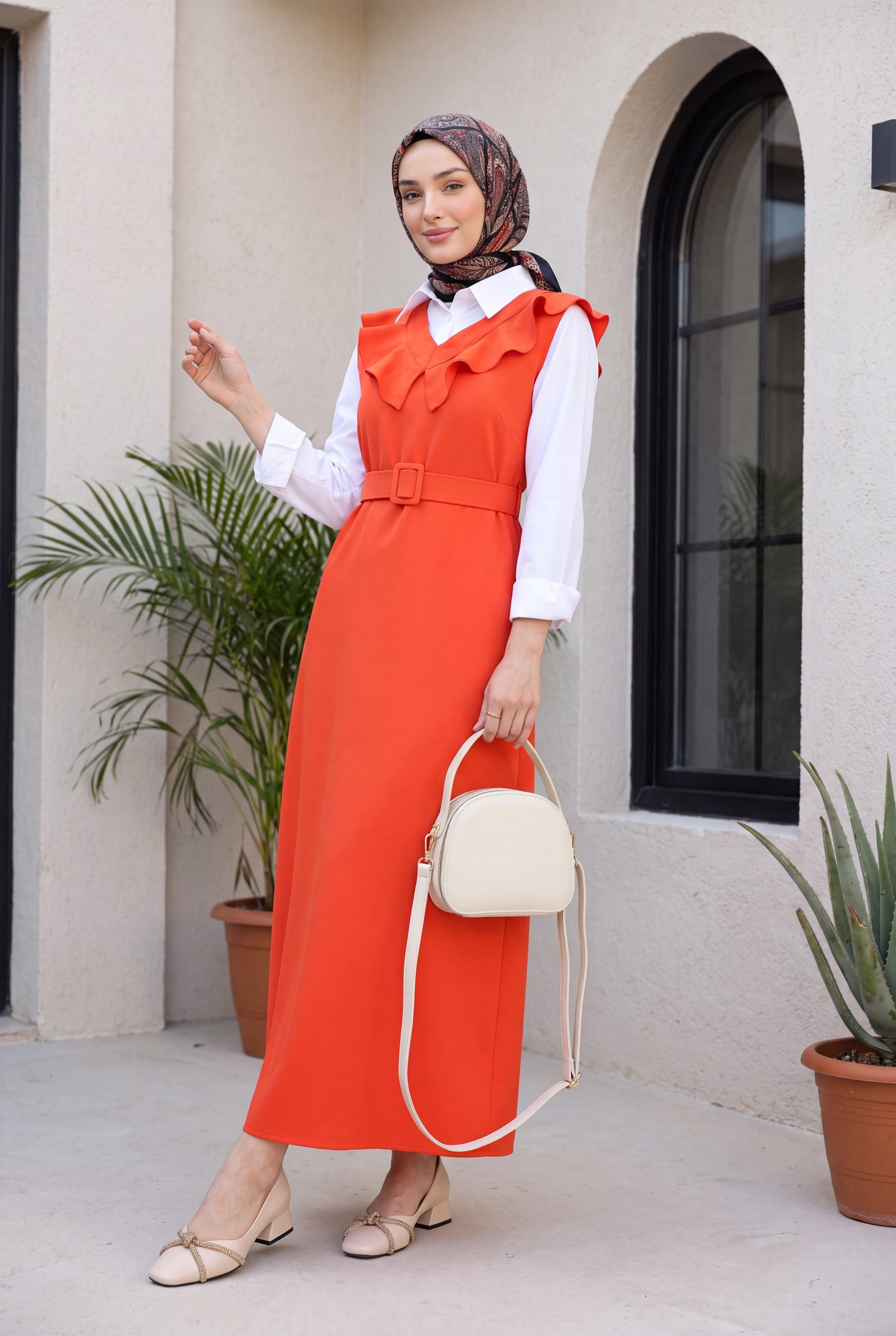 V-Neck Ruffled Belted Maxi Jile Dress with Blouse - Pomegranate - Podyumplus - by Peralane