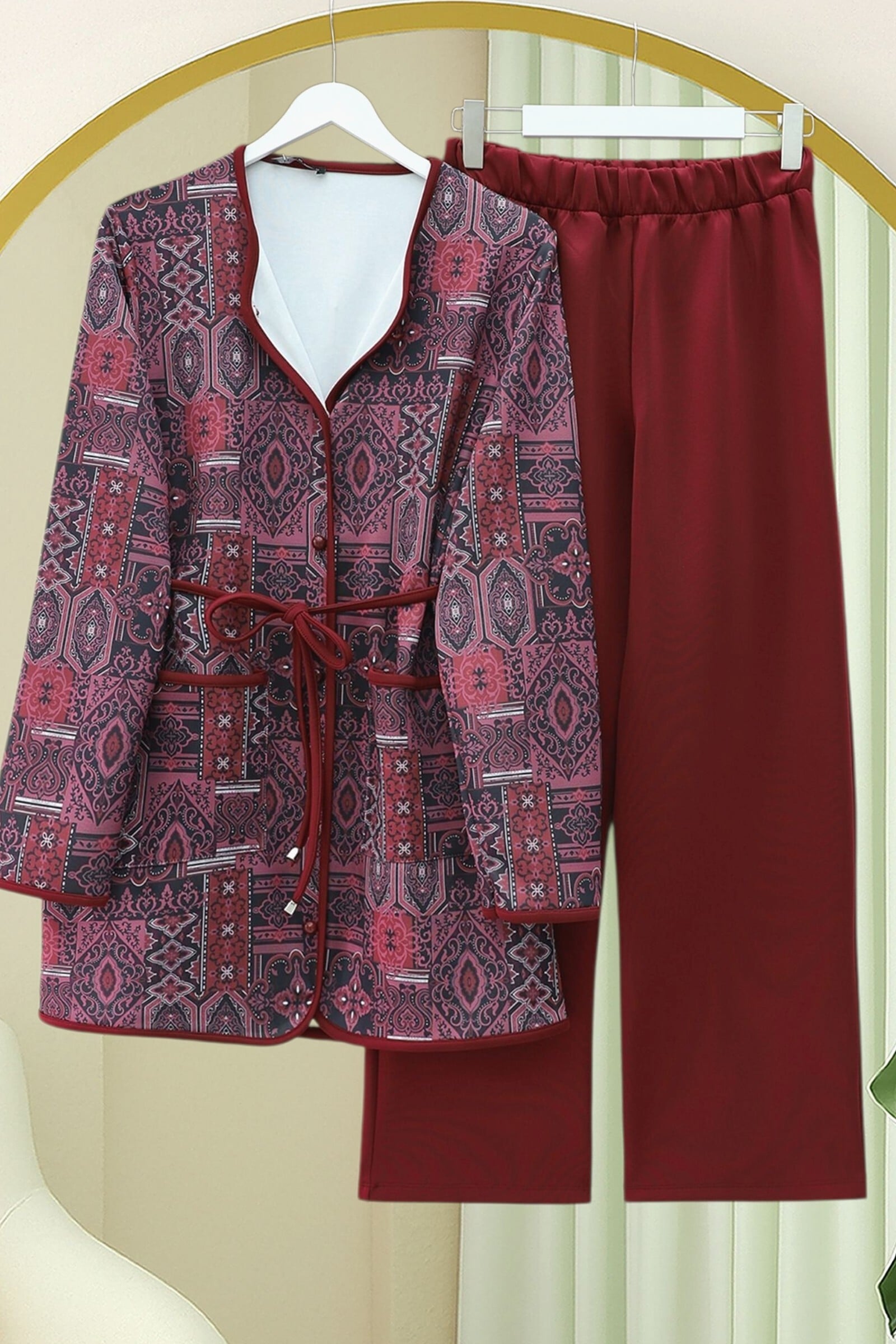 Tie-Waist Double-Pocket Patterned Scuba Suit Set in Burgundy - Podyumplus - by Peralane - photo 3