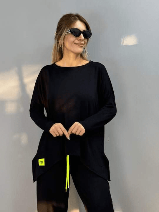 Women's Two-Piece Loungewear Set in Black with Neon Yellow Drawstring - Janes - by Peralane - photo 4