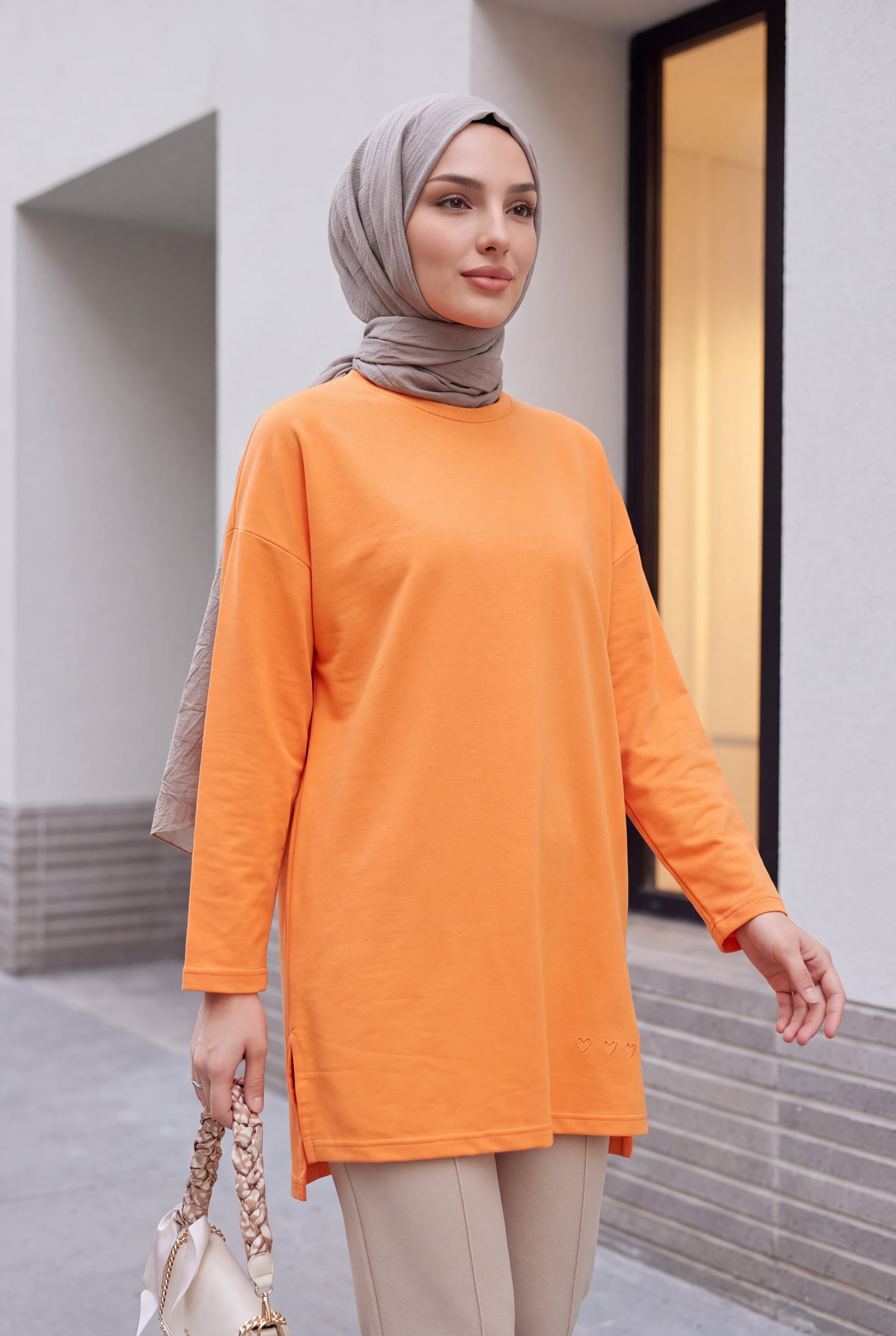 Orange Heart Detail Slit Relaxed Knit Tunic - Podyumplus - by Peralane