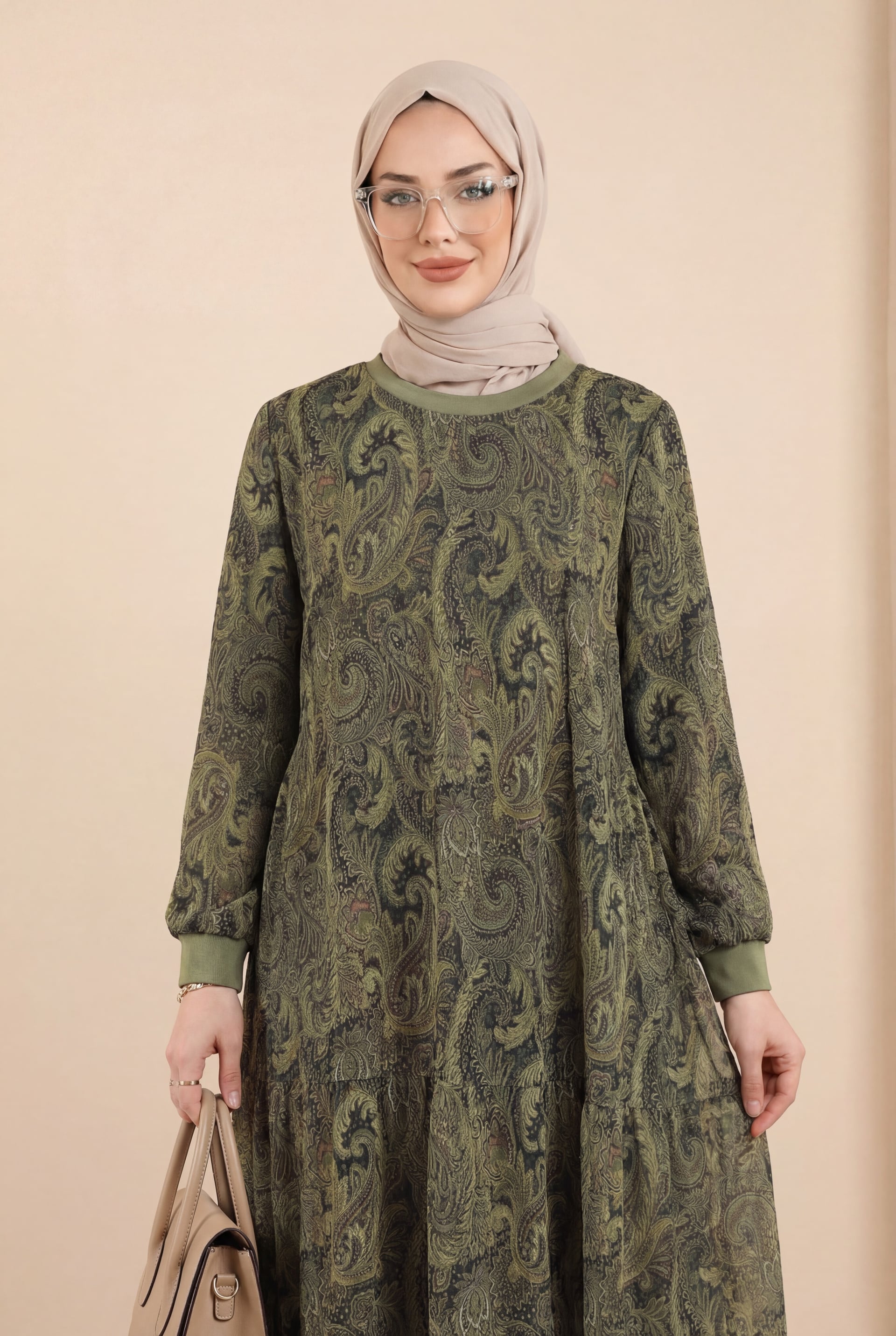 Ethnic Print Layered Chiffon Dress - Olive Green - Podyumplus - by Peralane - photo 3