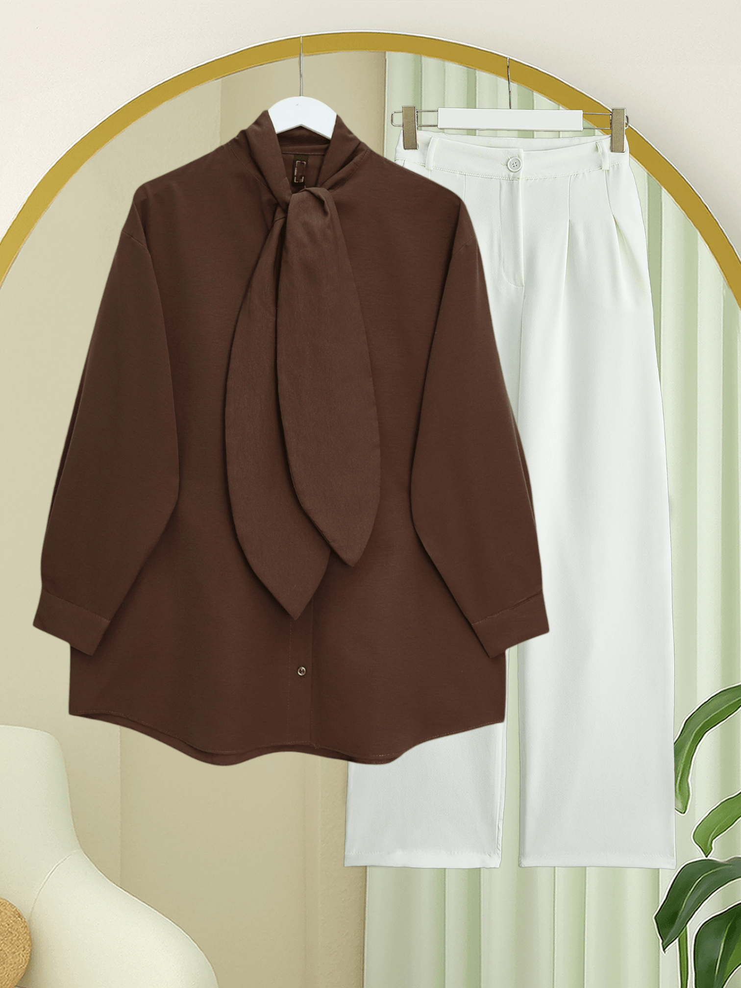 Tie-Neck Buttoned Oversize Blouse - Brown - Podyumplus - by Peralane - photo 3