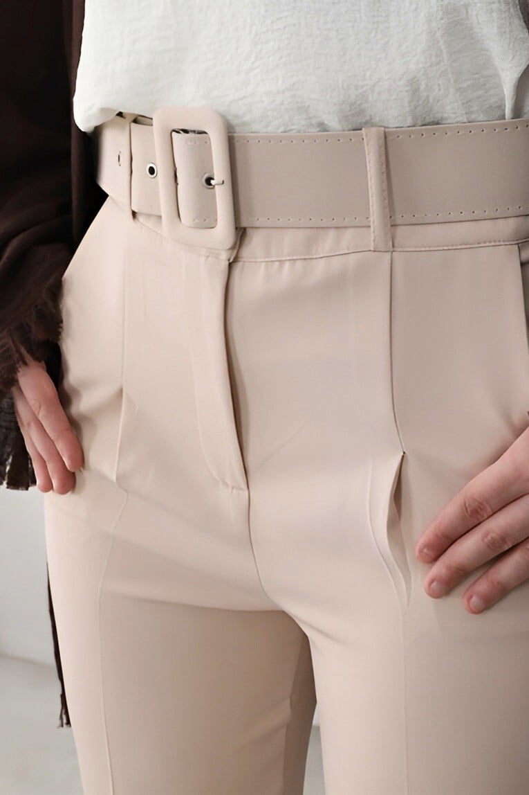 Thick Belted Fabric Trousers - Beige - Podyumplus - by Peralane - photo 7