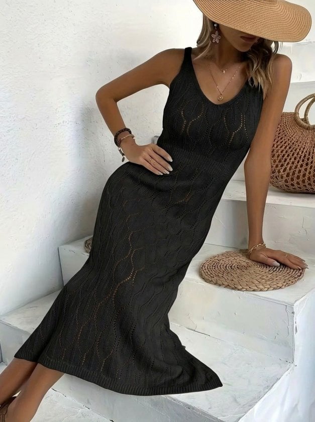 Women's Sleeveless V-Neck Long Knit Dress in Black - Janes - by Peralane - photo 2