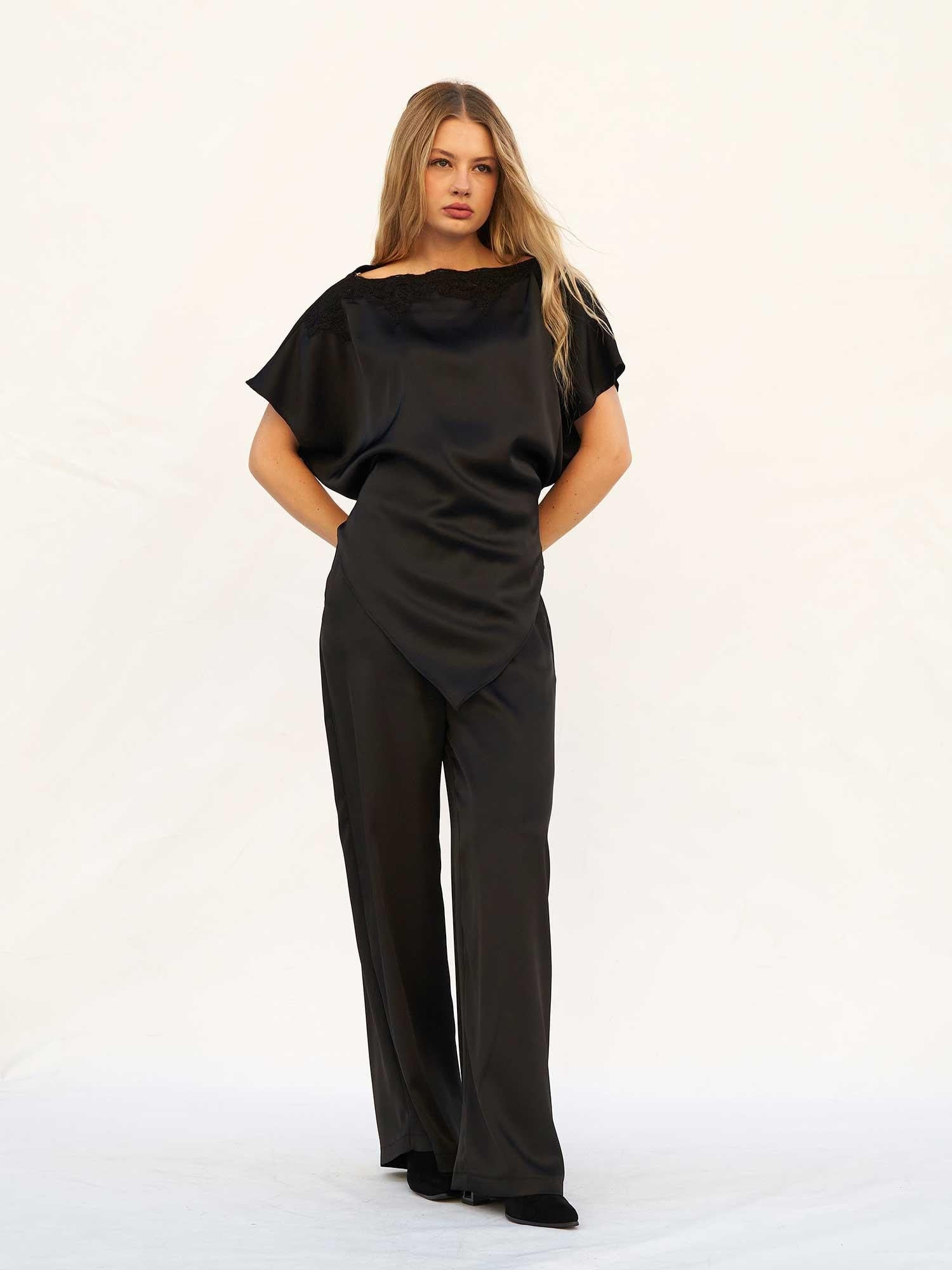 Black Lace-Trimmed Asymmetric Satin Blouse and Wide-Leg Trousers Set - Lefon - by Peralane - photo 4