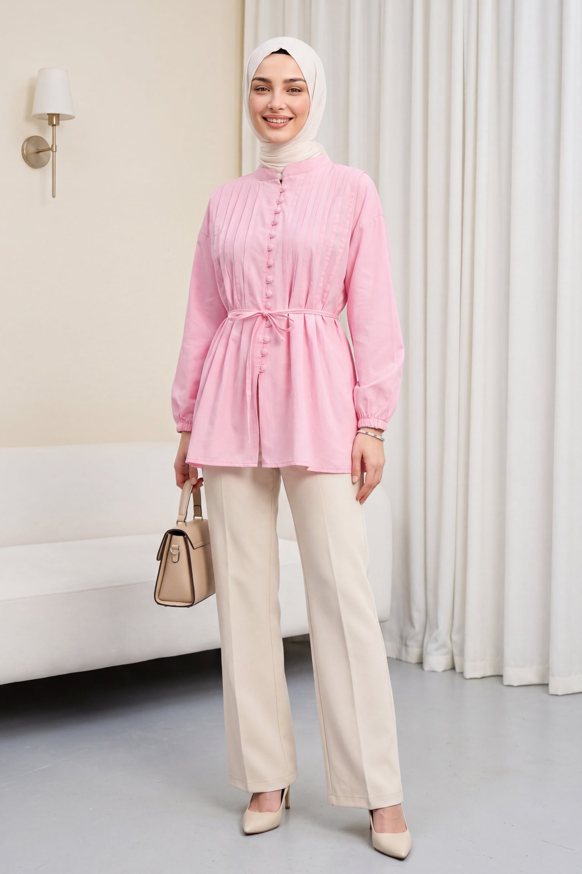 Pink Poplin Blouse with Tie Belt and Pleated Details - Podyumplus - by Peralane - photo 6