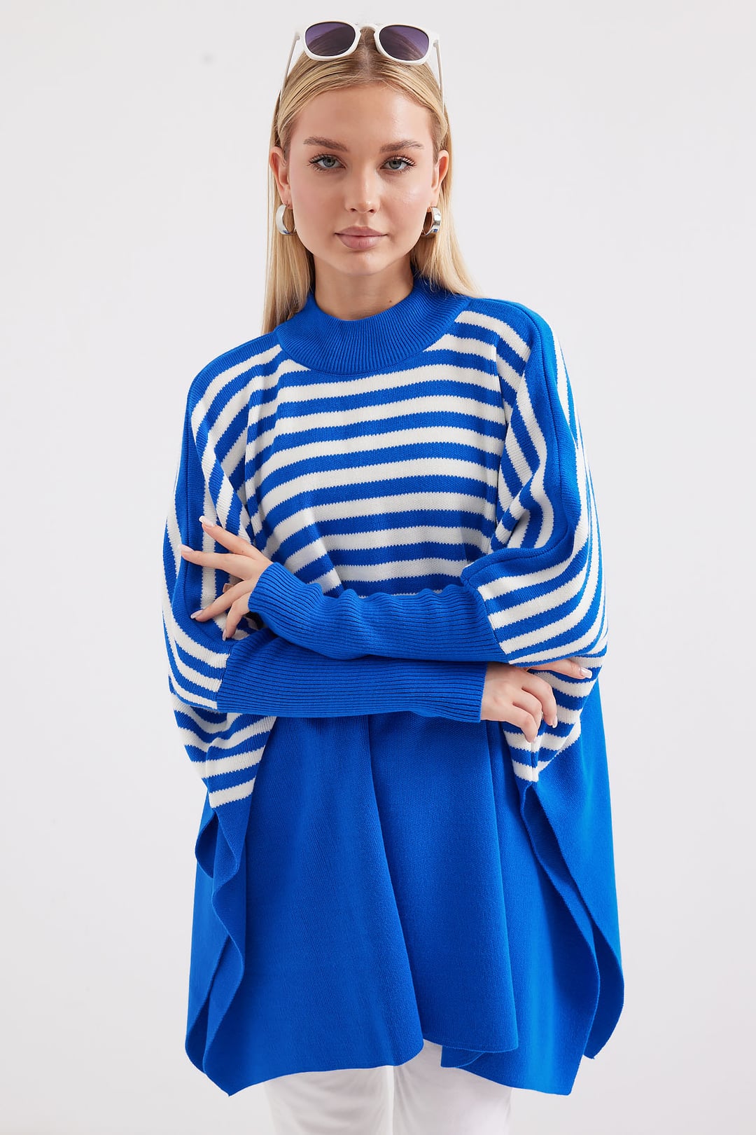 Oversize Pancho Knit Sweater with Side Slits - Blue and White Striped - Bigdart - by Peralane - photo 5