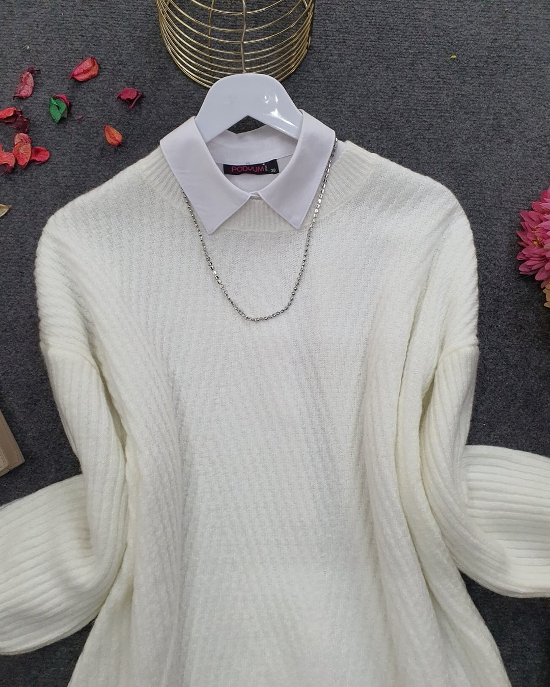 White Crew Neck Diamond Pattern Knit Tunic - Podyumplus - by Peralane - photo 5