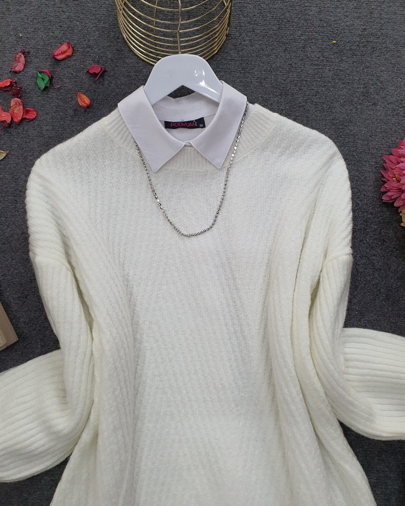 White Diamond Pattern Knit Tunic with Bicycle Neckline - Podyumplus - by Peralane - photo 5