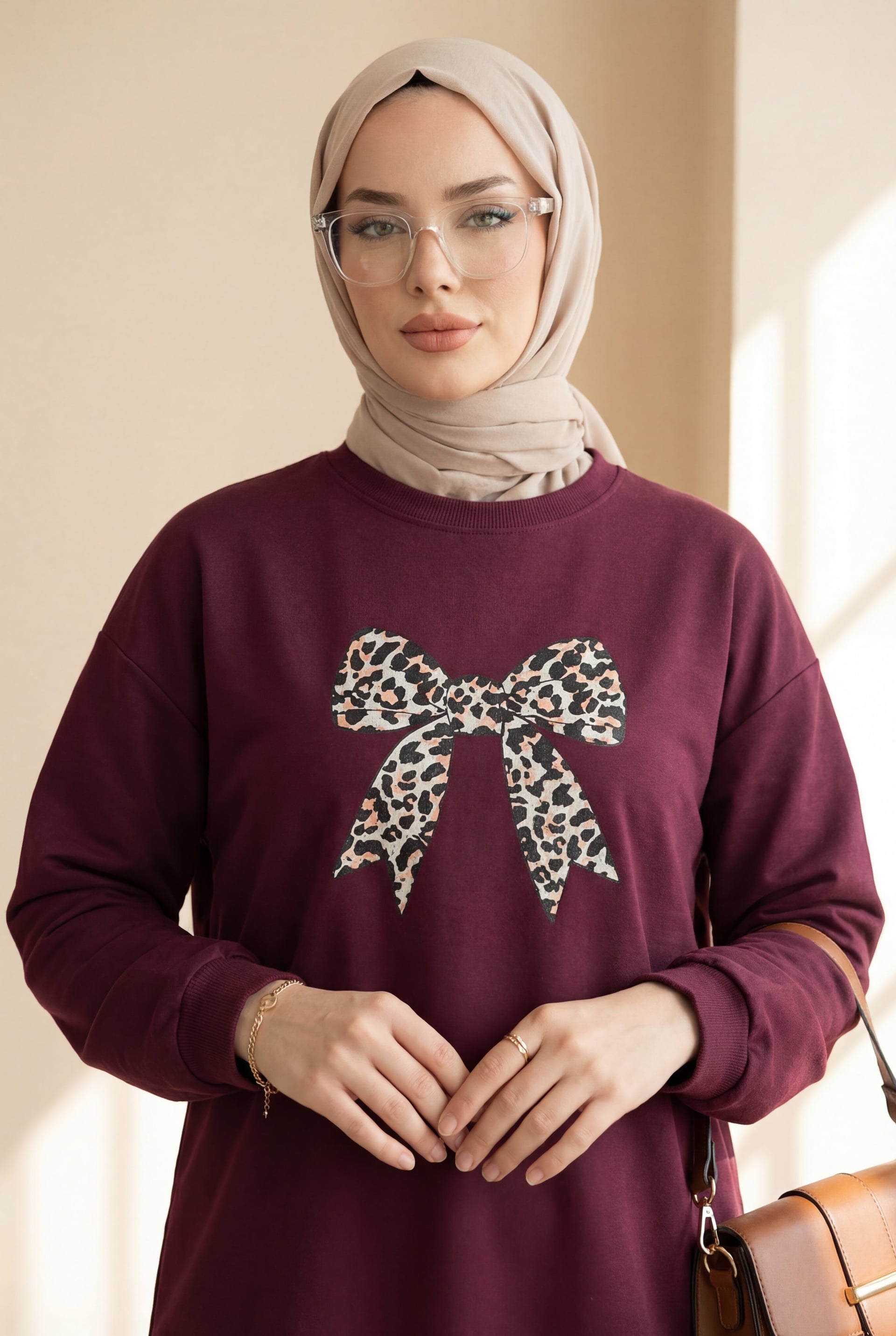 Round Neck Bow Print Oversized Tunic - Plum - Podyumplus - by Peralane - photo 5