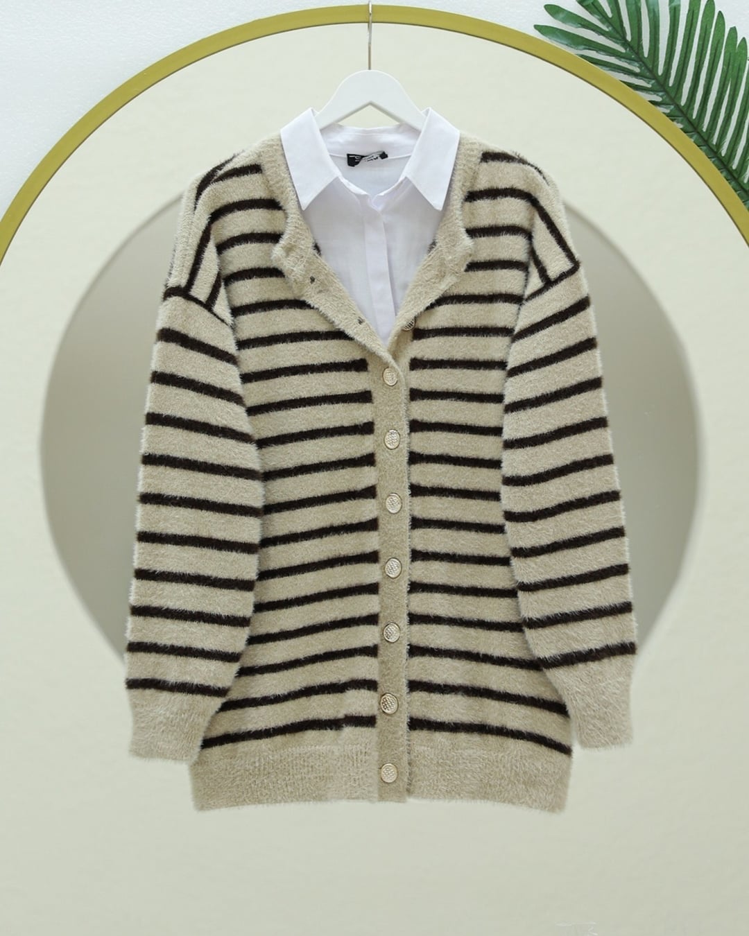 Striped Button-Front Knit Cardigan - Dark Brown - Podyumplus - by Peralane - photo 5