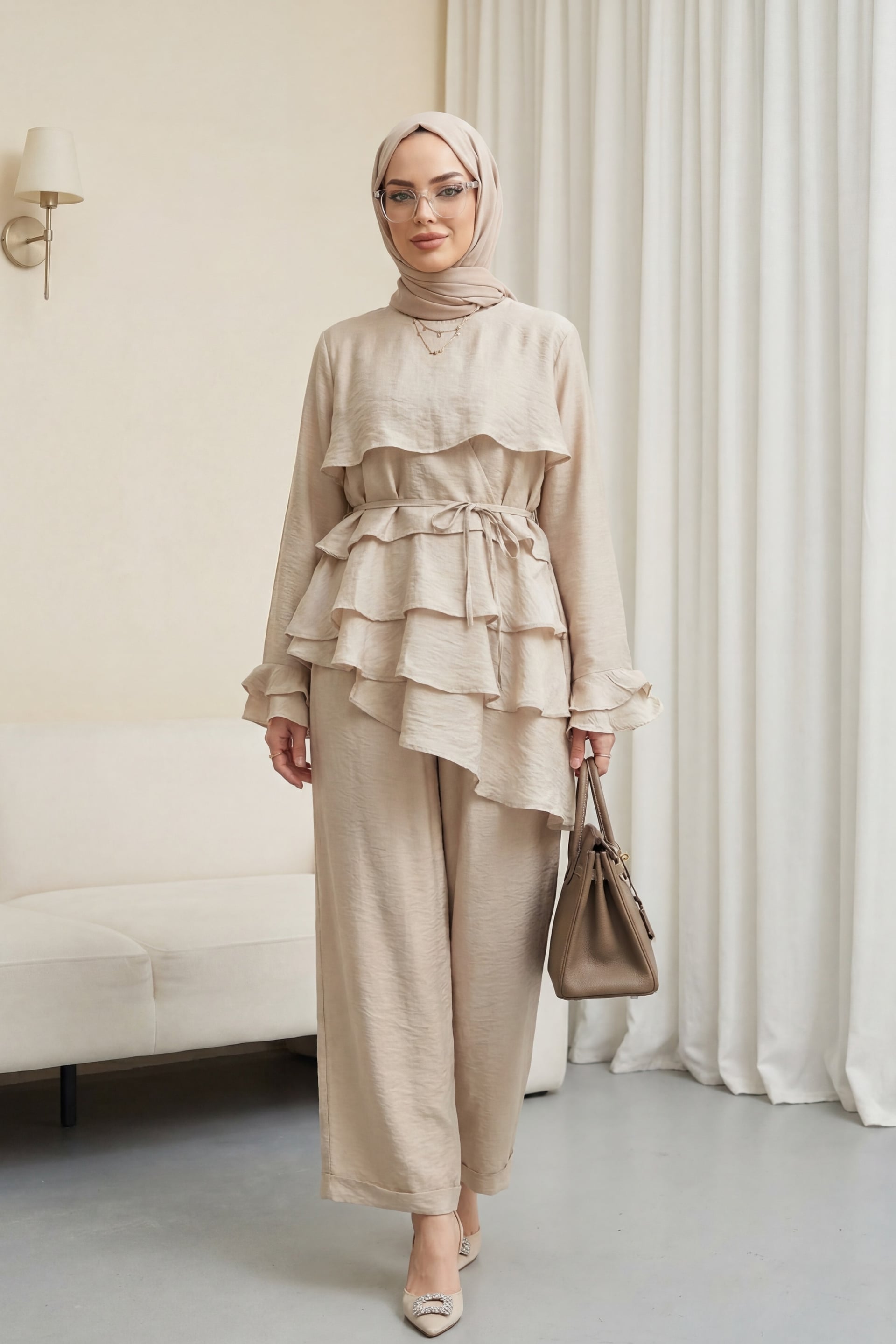 Asymmetric Layered Lace-Up Lined Co-ord Set in Stone - Podyumplus - by Peralane - photo 2