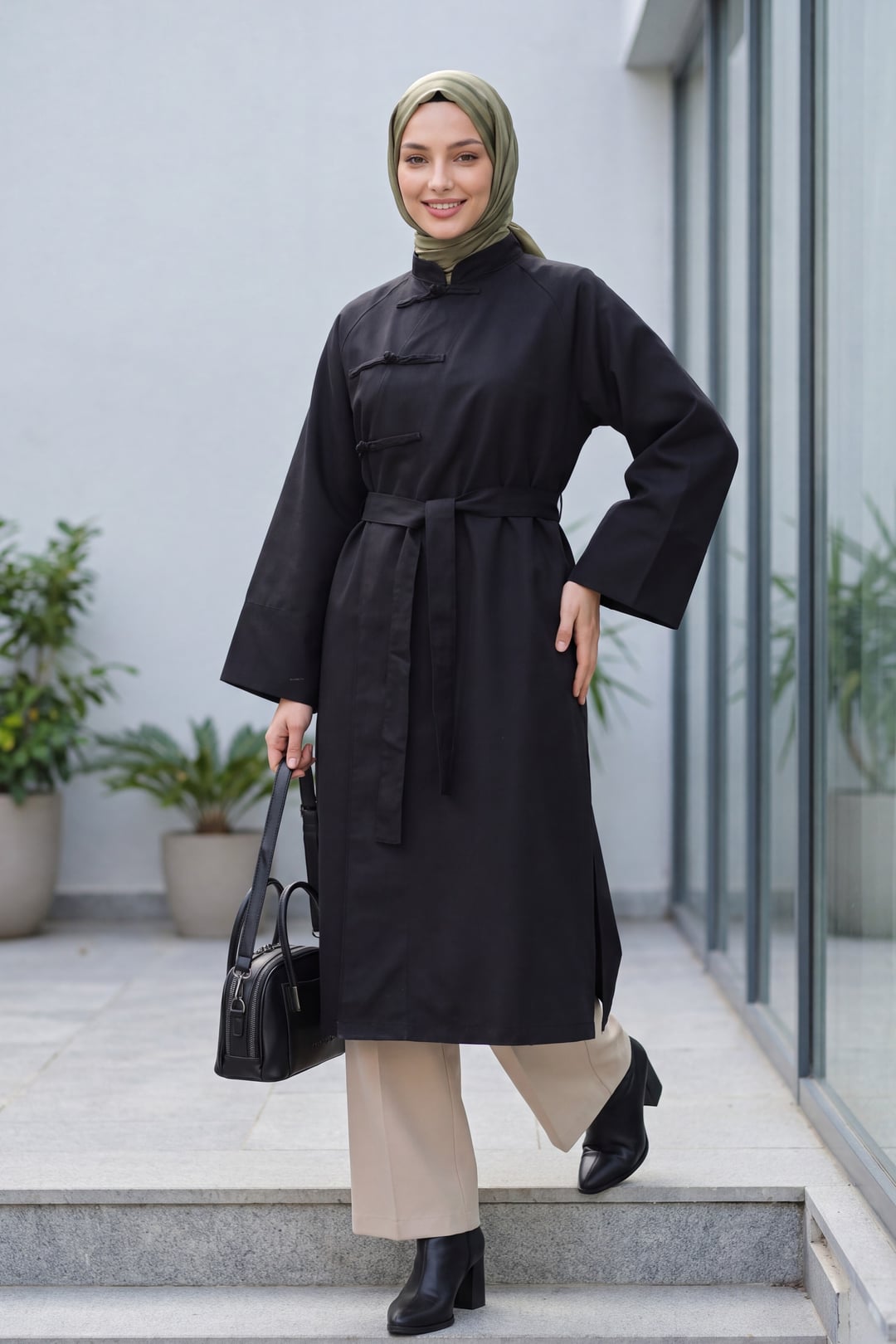 Black Frog-Button Tie Belt Slit Trench Coat - Podyumplus - by Peralane - photo 4
