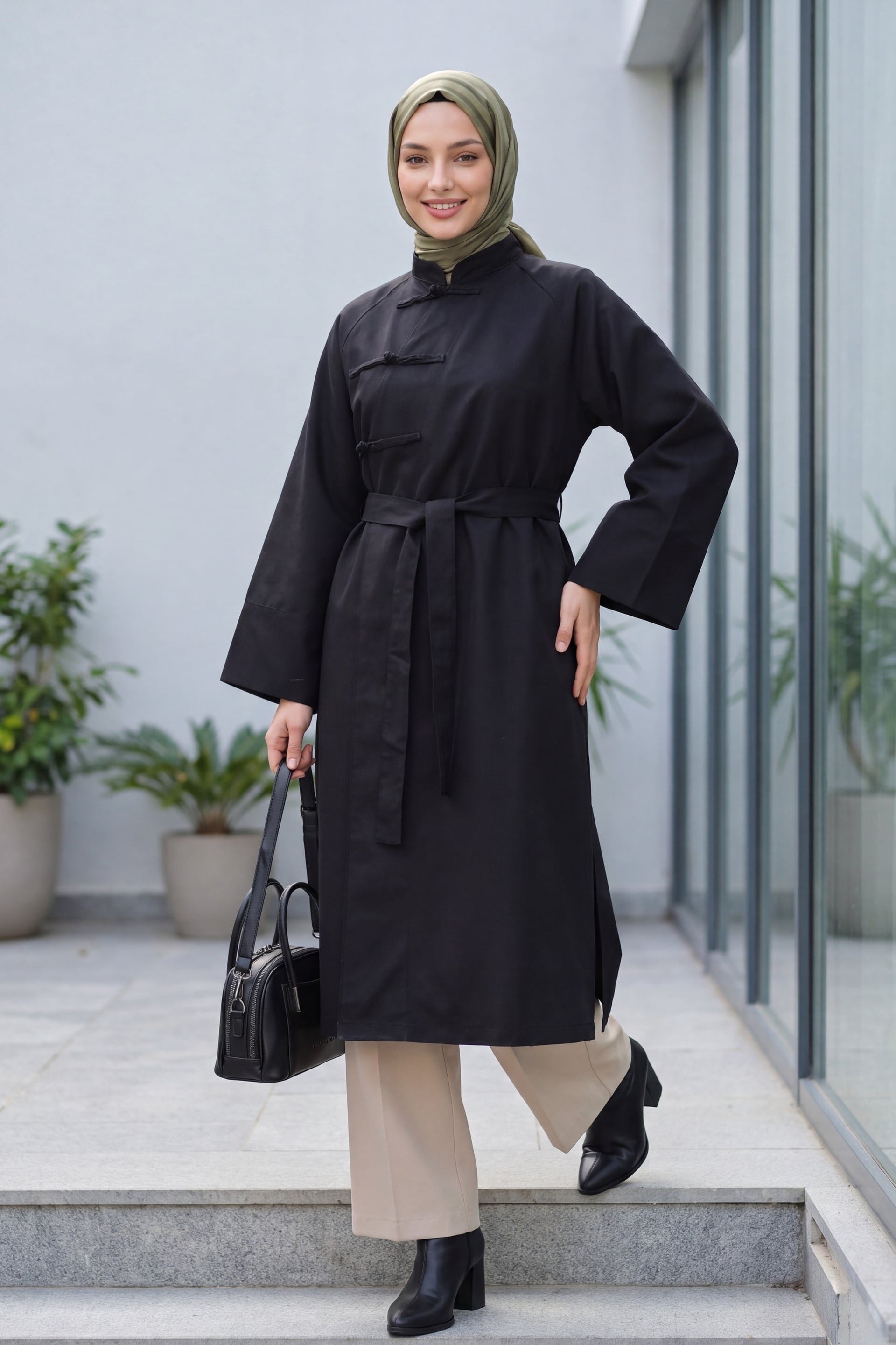 Black Frog-Button Tie Belt Slit Trench Coat - Podyumplus - by Peralane - photo 4