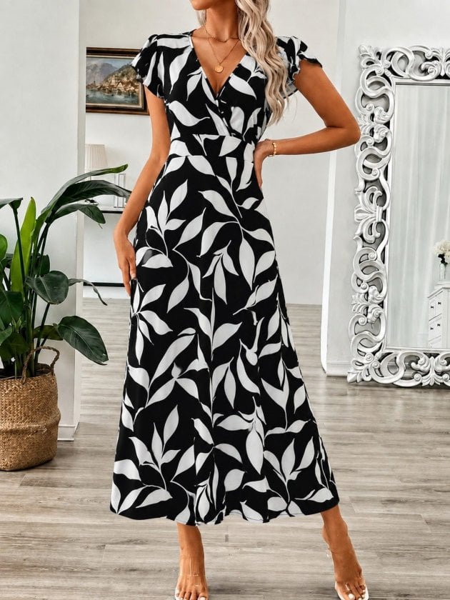 Women's Short Sleeve Wrap Collar Patterned Long Jersey Dress - Janes - by Peralane