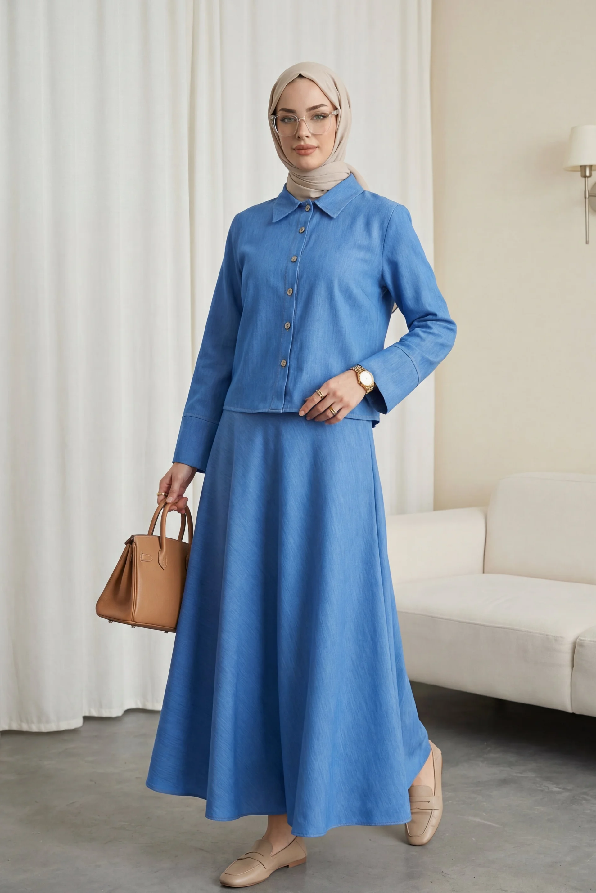 Buttoned Flared Skirt Modest Set in Blue - Podyumplus - by Peralane