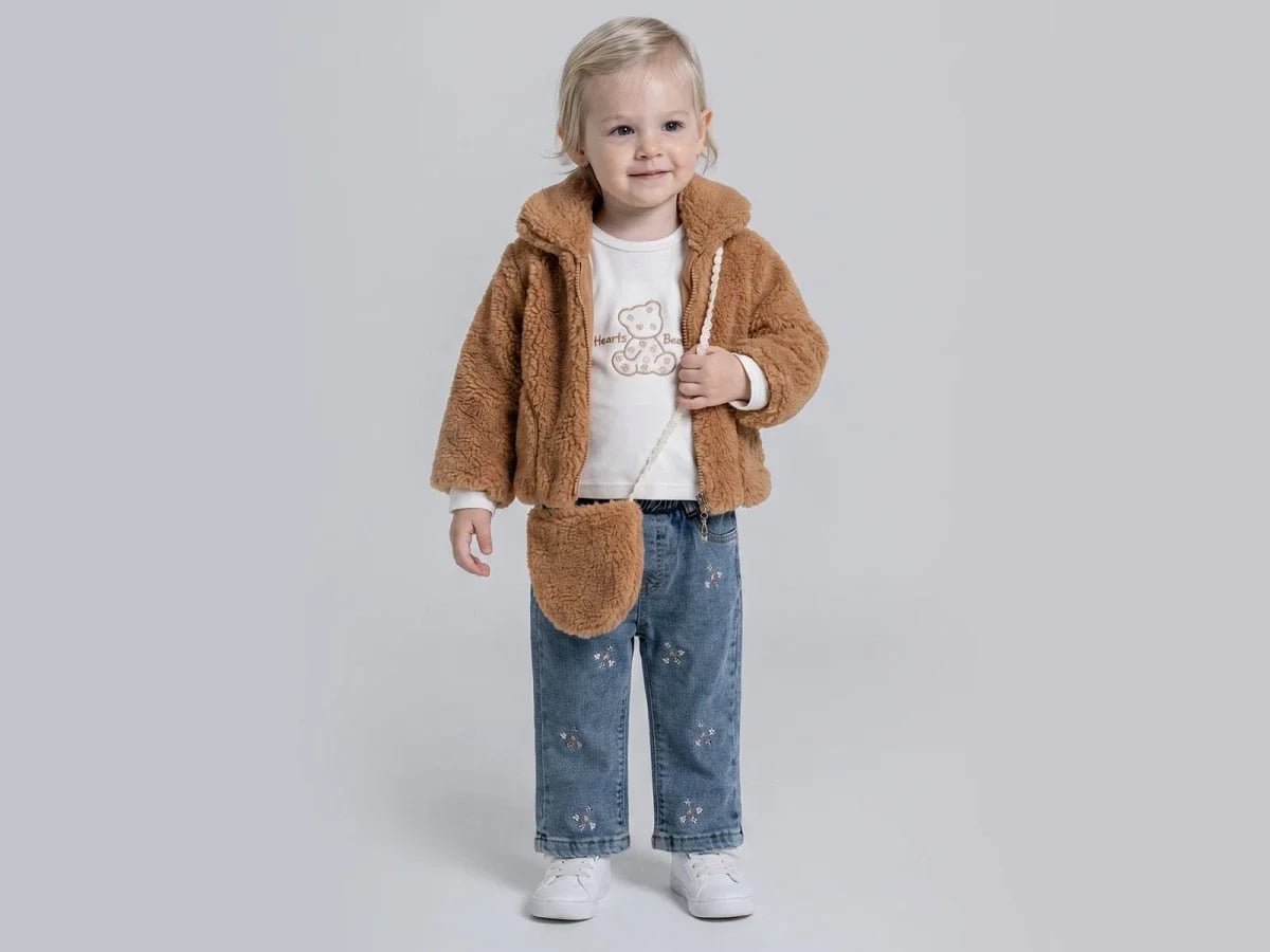 Girls' Teddy Bear Fleece Jacket Set with T-Shirt, Jeans and Bag - Brown - Pampal Kids - by Peralane