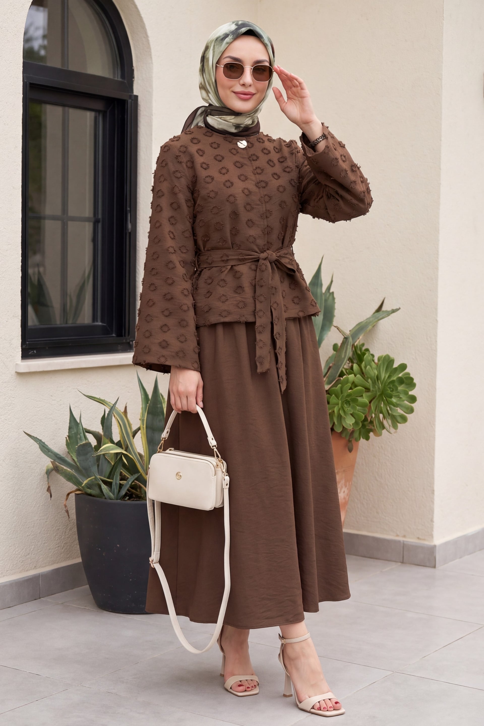 One-Button Belted Skirt Set with Pockets and Embossed Jacquard Pattern - Brown - Podyumplus - by Peralane - photo 3