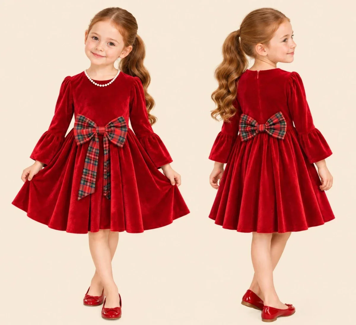 Red Velvet Plaid Bow Dress for Girls - Interkidsy - by Peralane