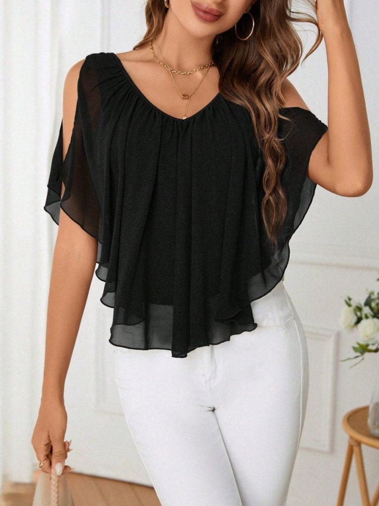 Women's Sheer Short Sleeve V-Neck Cold-Shoulder Ruffled Blouse in Black - Janes - by Peralane - photo 6