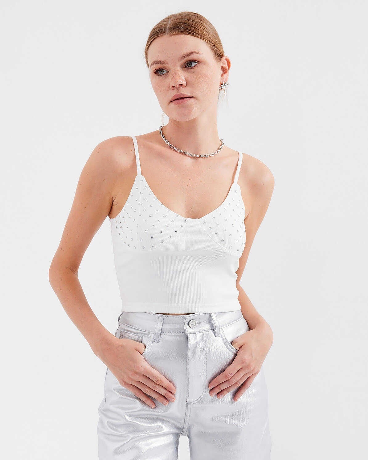 White Rhinestone Detail Spaghetti Strap Crop Top - Bigdart - by Peralane - photo 2