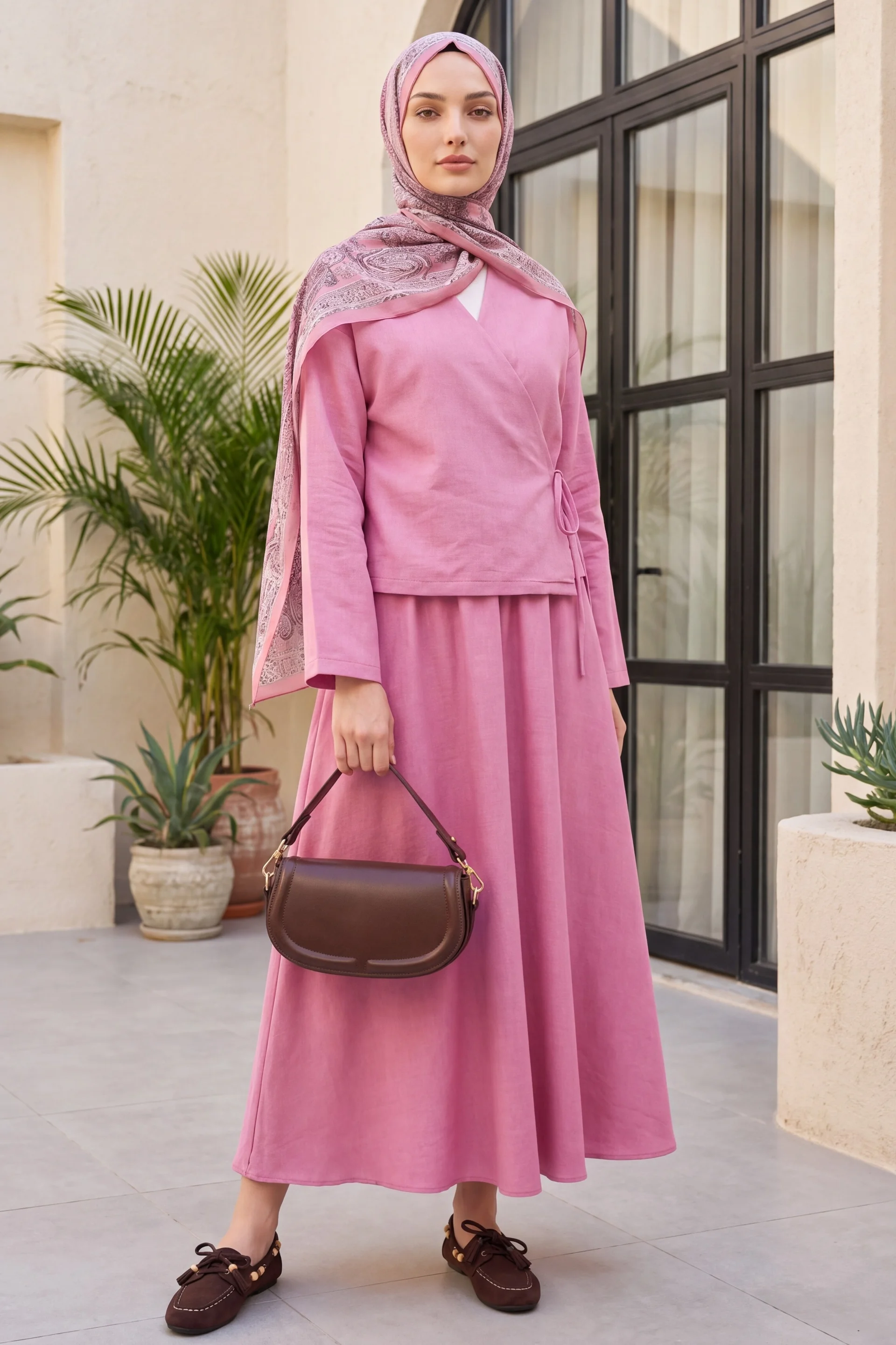 Pink Wrap Top and Long Skirt Linen-Blend Two-Piece Set - Podyumplus - by Peralane - photo 2