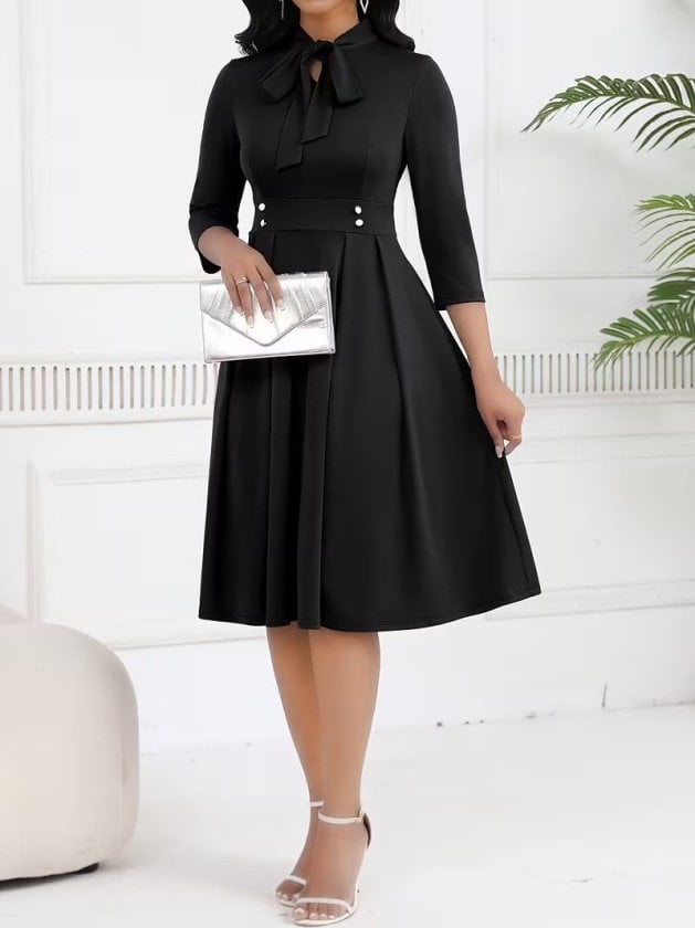Women's Black Crepe Midi Dress with Bow Neckline and Buttons - Janes - by Peralane - photo 2