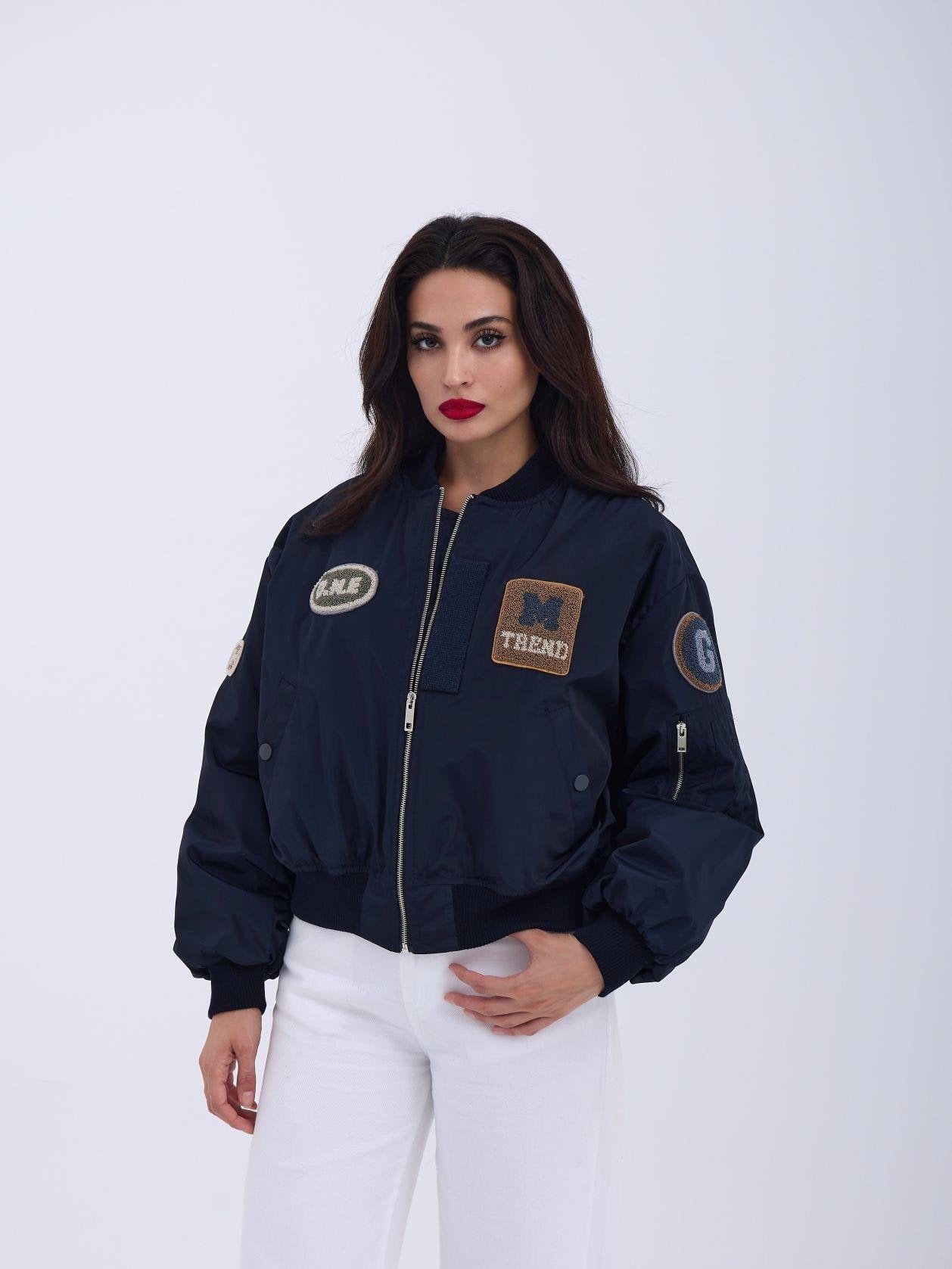 Navy Blue Bomber Jacket with Patches for Women - Fame - by Peralane