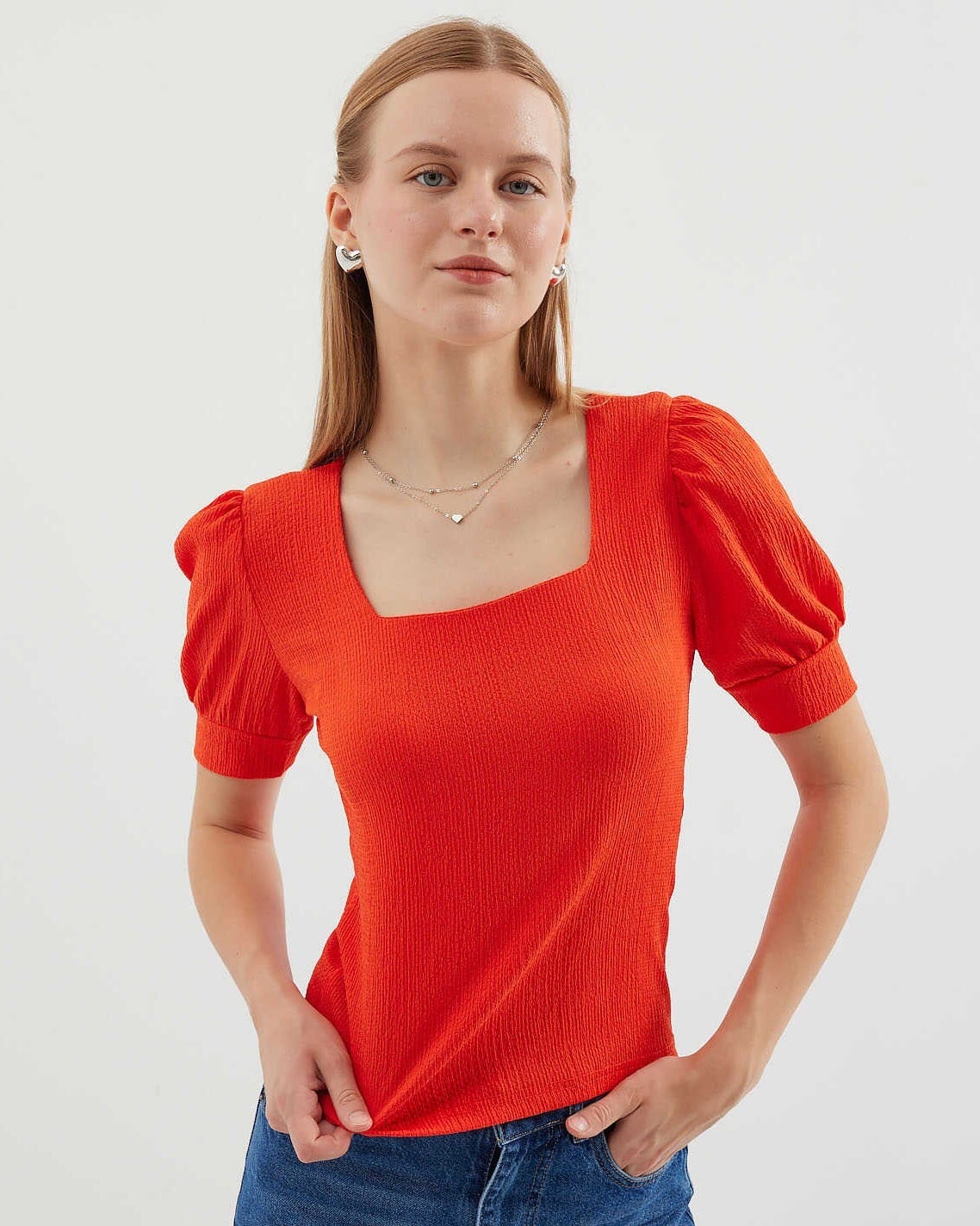 Square Neck Ribbed Knit Blouse - Orange - Wholeskop - by Peralane - photo 2