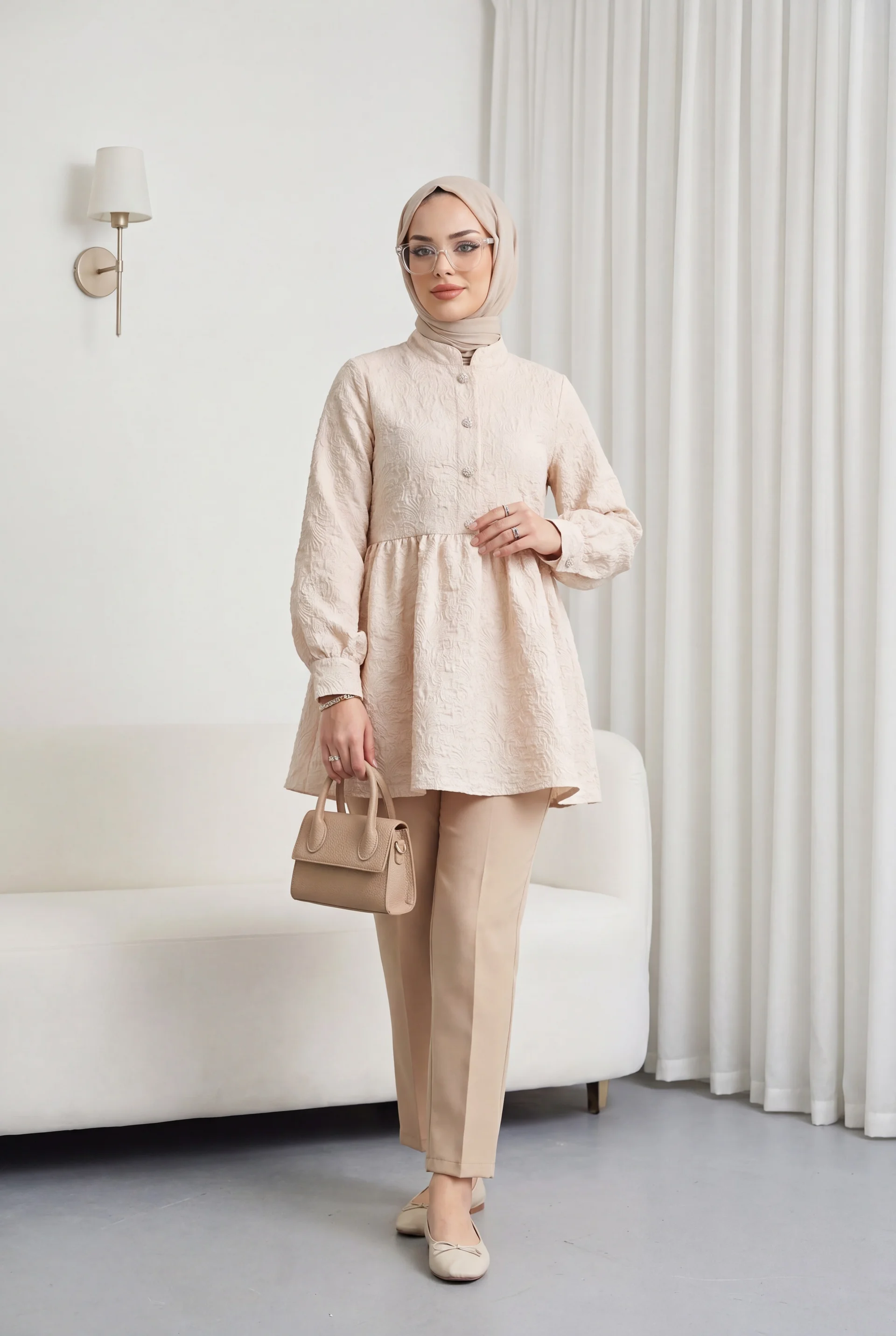 Stone Button Detail Paneled Tunic with Back Zipper - Beige - Podyumplus - by Peralane