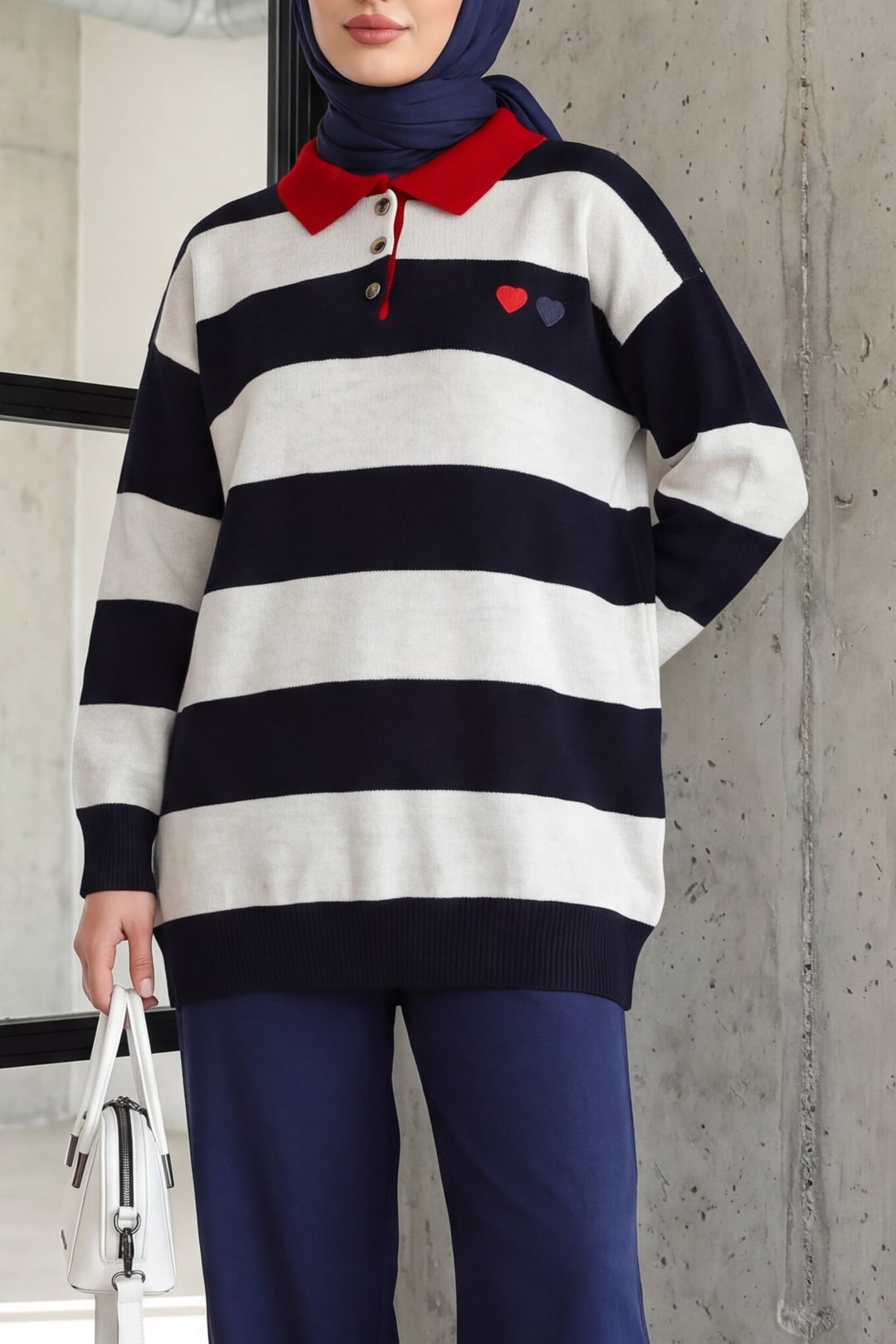 Navy Striped Heart Embroidered Knit Tunic with Shirt Collar - Podyumplus - by Peralane