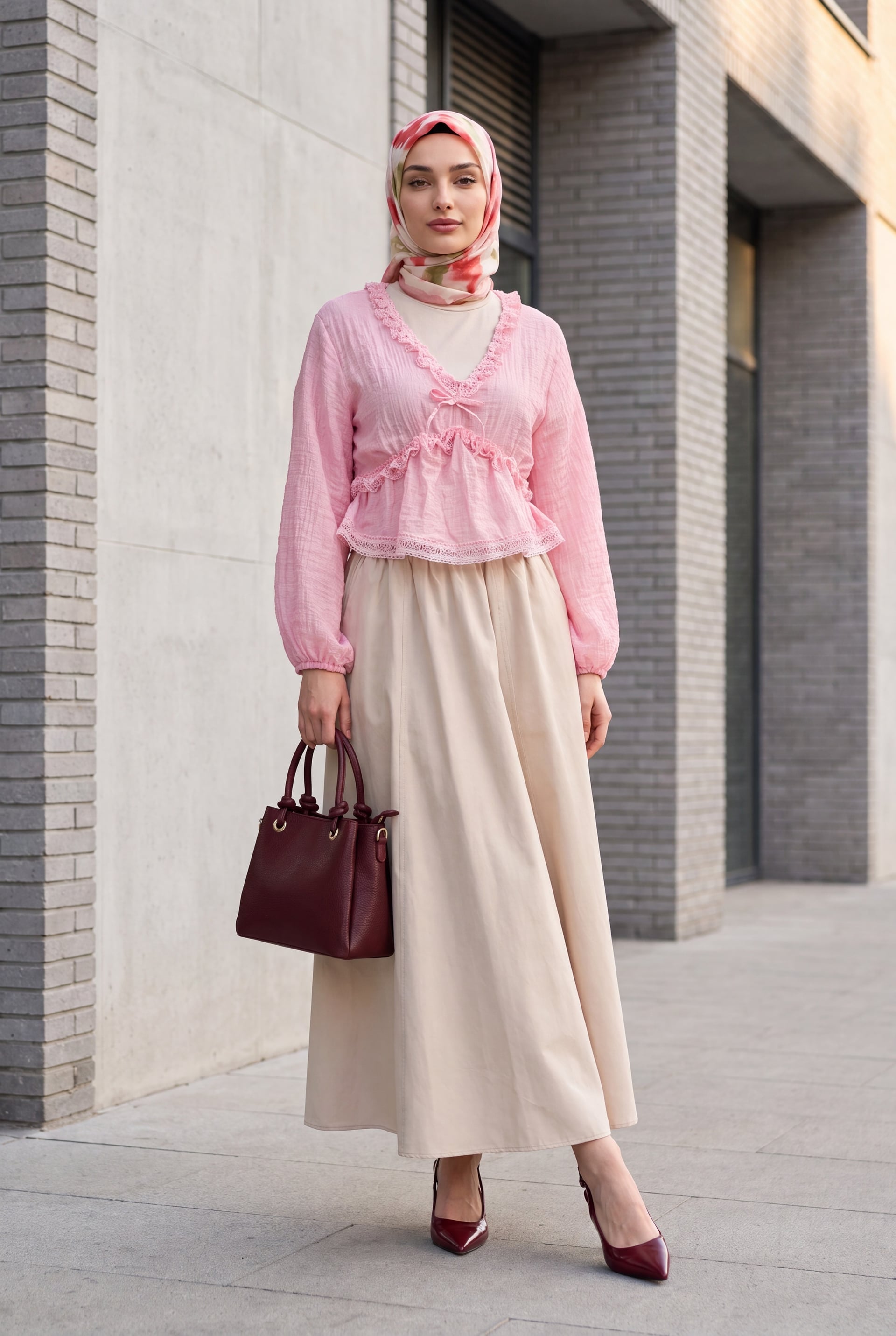Pink Balloon Sleeve Lace Detail Ruched Viscose Blouse - Podyumplus - by Peralane - photo 2