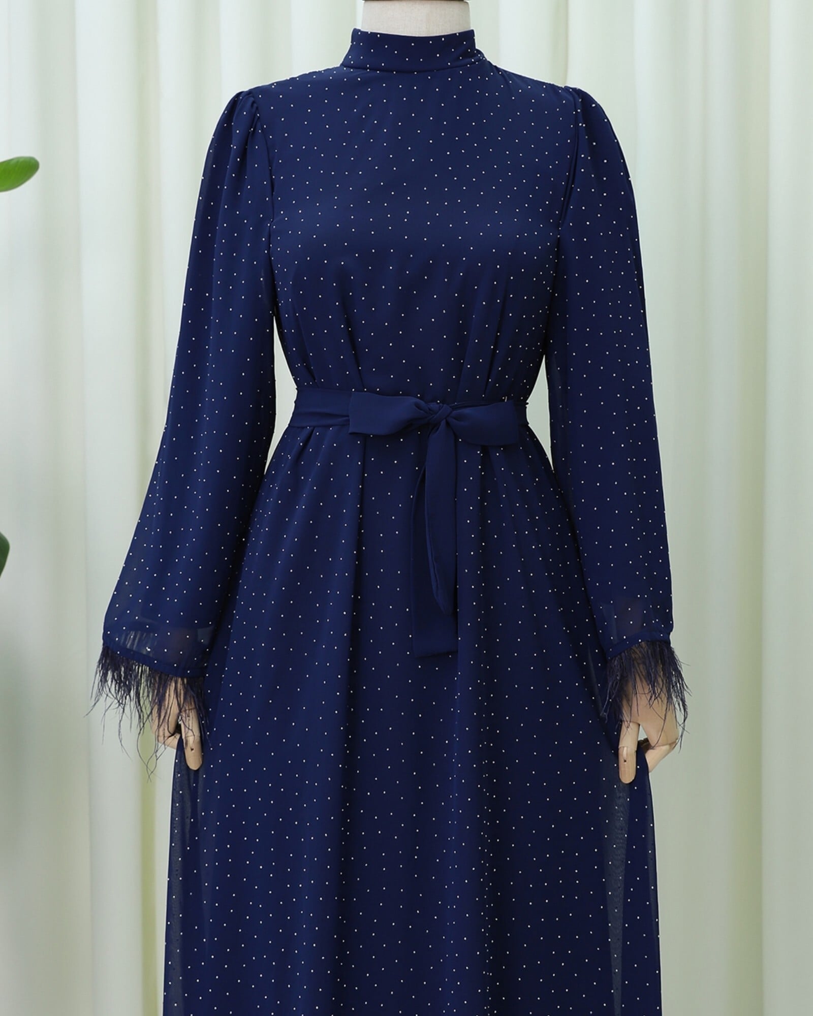 Feathered Sleeve Embellished Belted Dress - Navy - Podyumplus - by Peralane - photo 6