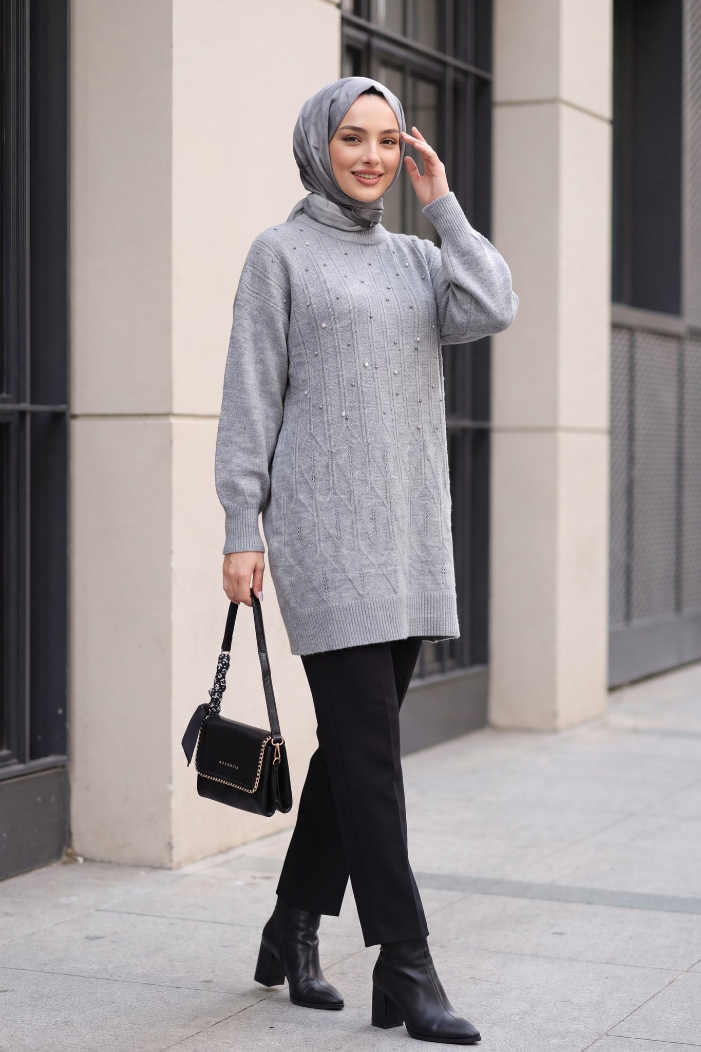 Grey Pearl Embellished Balloon Sleeve Knit Tunic - Podyumplus - by Peralane - photo 3