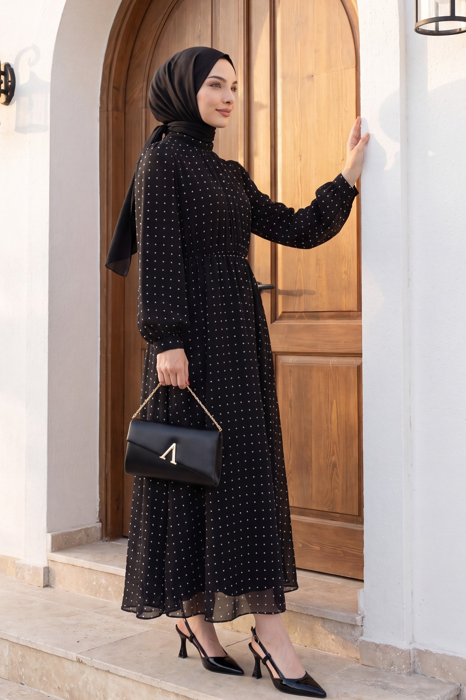 Lined Elasticated Waist Polka Dot Long Chiffon Dress - Black - Podyumplus - by Peralane - photo 2