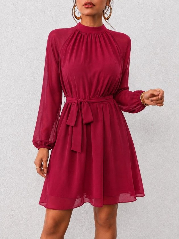 Women's Long-Sleeve Half Turtleneck Belted Short Chiffon Dress - Janes - by Peralane